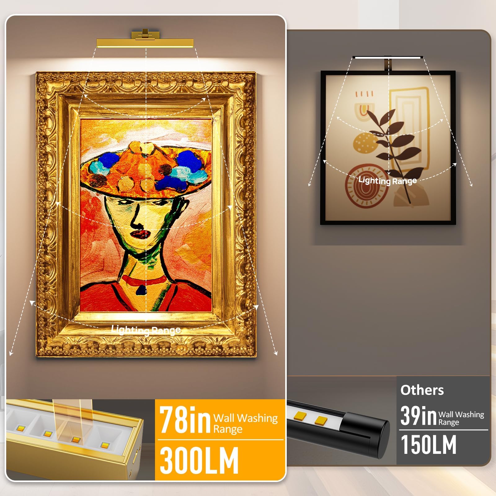 Picture Lights for Wall, Battery Operated Picture Light 16in Gallery Light for Paintings CCT Dimmable Gold 5