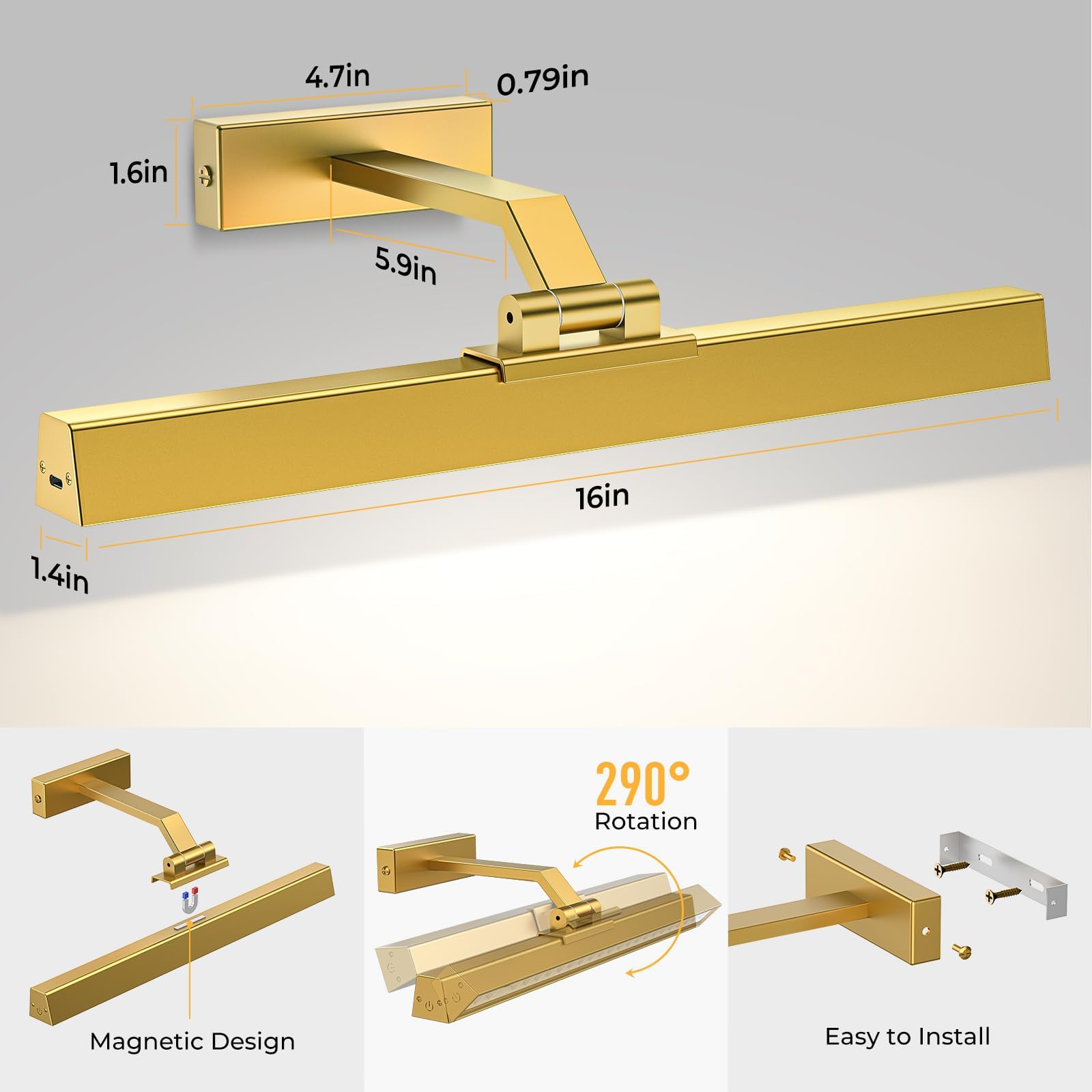 Picture Lights for Wall, Battery Operated Picture Light 16in Gallery Light for Paintings CCT Dimmable Gold 8