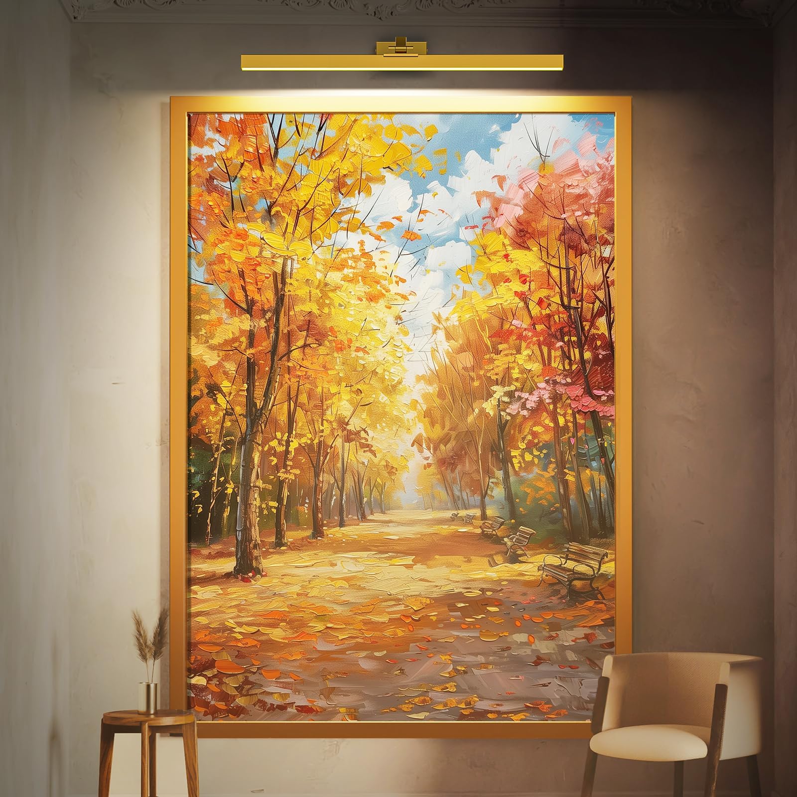 Wall Picture Light, 24in Battery-Powered Gallery Light for Artwork, CCT Dimmable Rechargeable Battery Wall Lamp with Remote Control for Living Room, Gallery, and Dartboard (Gold) 6