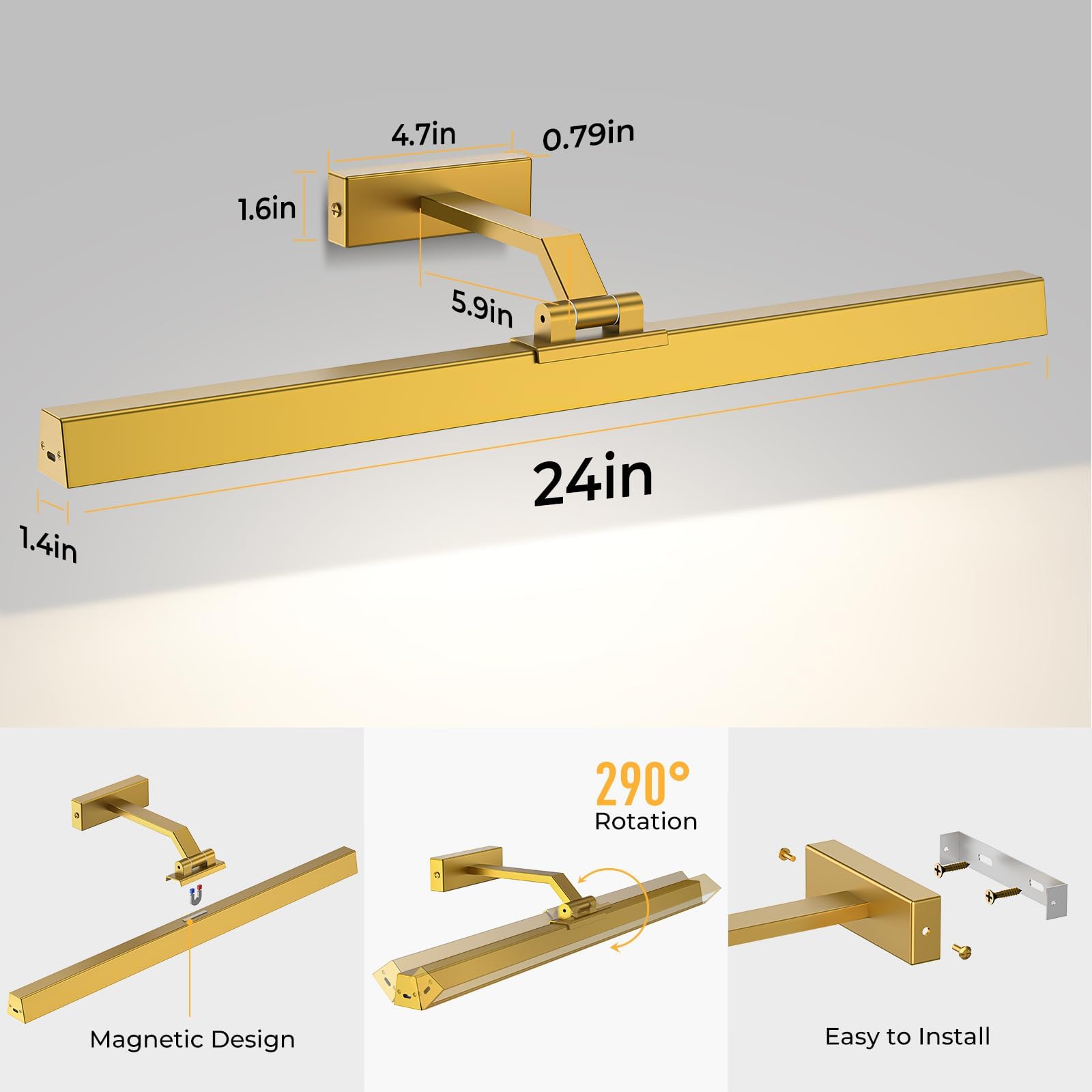 Wall Picture Light, 24in Battery-Powered Gallery Light for Artwork, CCT Dimmable Rechargeable Battery Wall Lamp with Remote Control for Living Room, Gallery, and Dartboard (Gold) 8