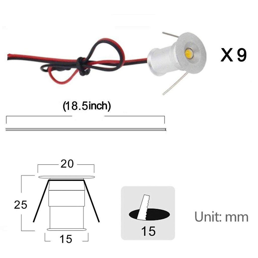 12V Under Cabinet LED Lights 9 Packs of Recessed Mini Downlights with Hardwired Cable and Connectors for Indoor Cupboard Bookshelf Stair Lighting (Cool White) 4