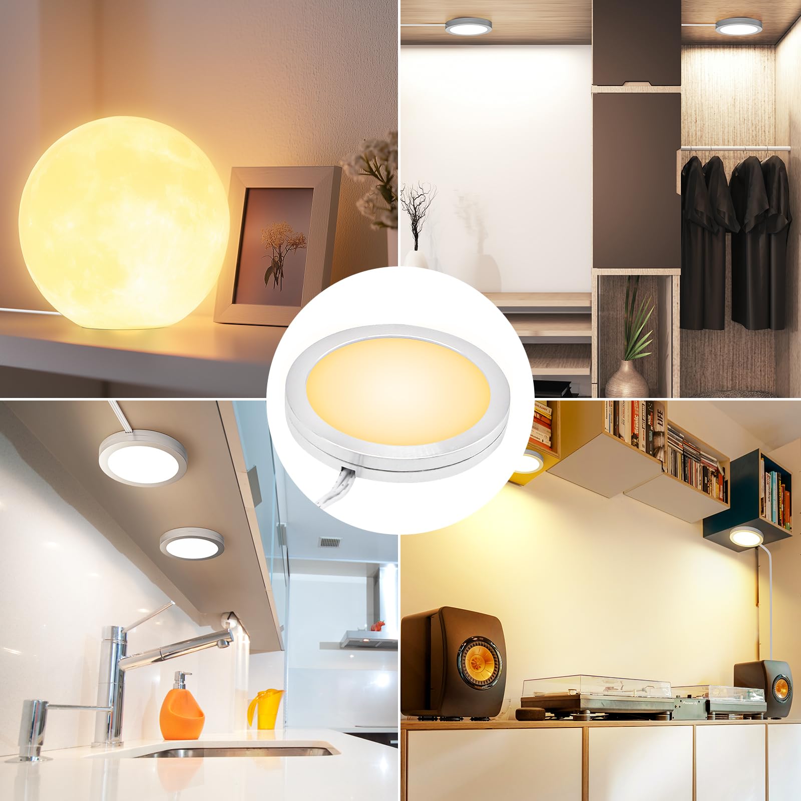 4 Pack Puck Lights 5V Single USB Powered,3 Color Temperature Adjustable & Dimmable Under Cabinet Light,3D Printer LED Lamp Kit for Cabinet,Wardrobe,Showcase 4