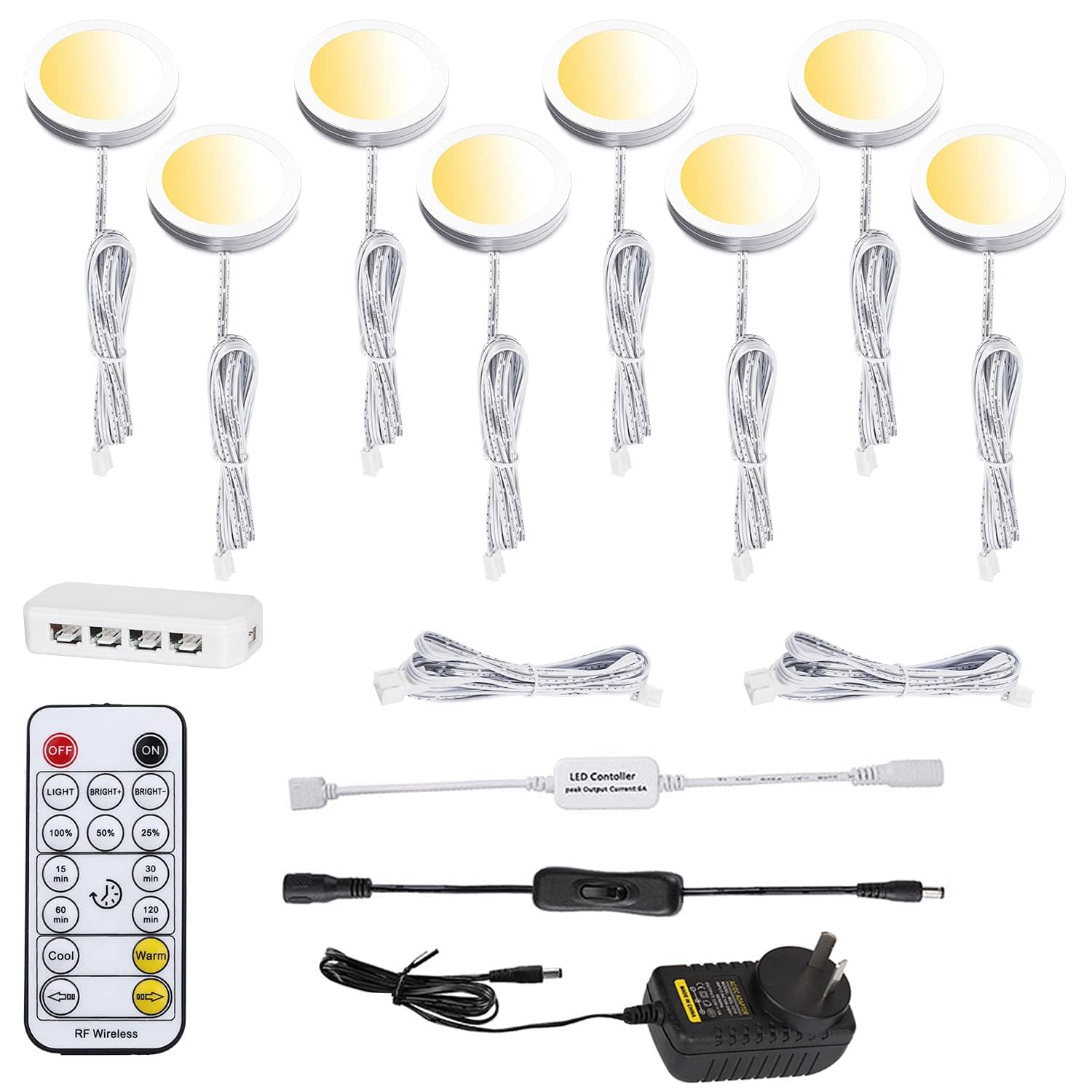 LED Under Cabinet Puck Lights CCT Light Color Temperature Adjustable Warm+White Double Color with Dimmable RF Remote Controller for Kitchen Shelf Ambiance Display Lighting (8 Lights, 24W)