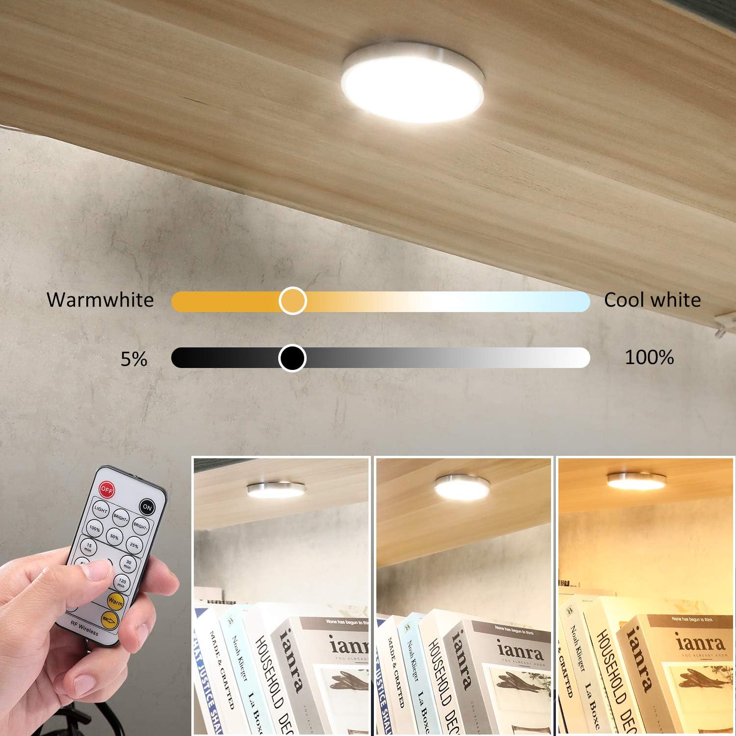 LED Under Cabinet Puck Lights CCT Light Color Temperature Adjustable Warm+White Double Color with Dimmable RF Remote Controller for Kitchen Shelf Ambiance Display Lighting (8 Lights, 24W) 5