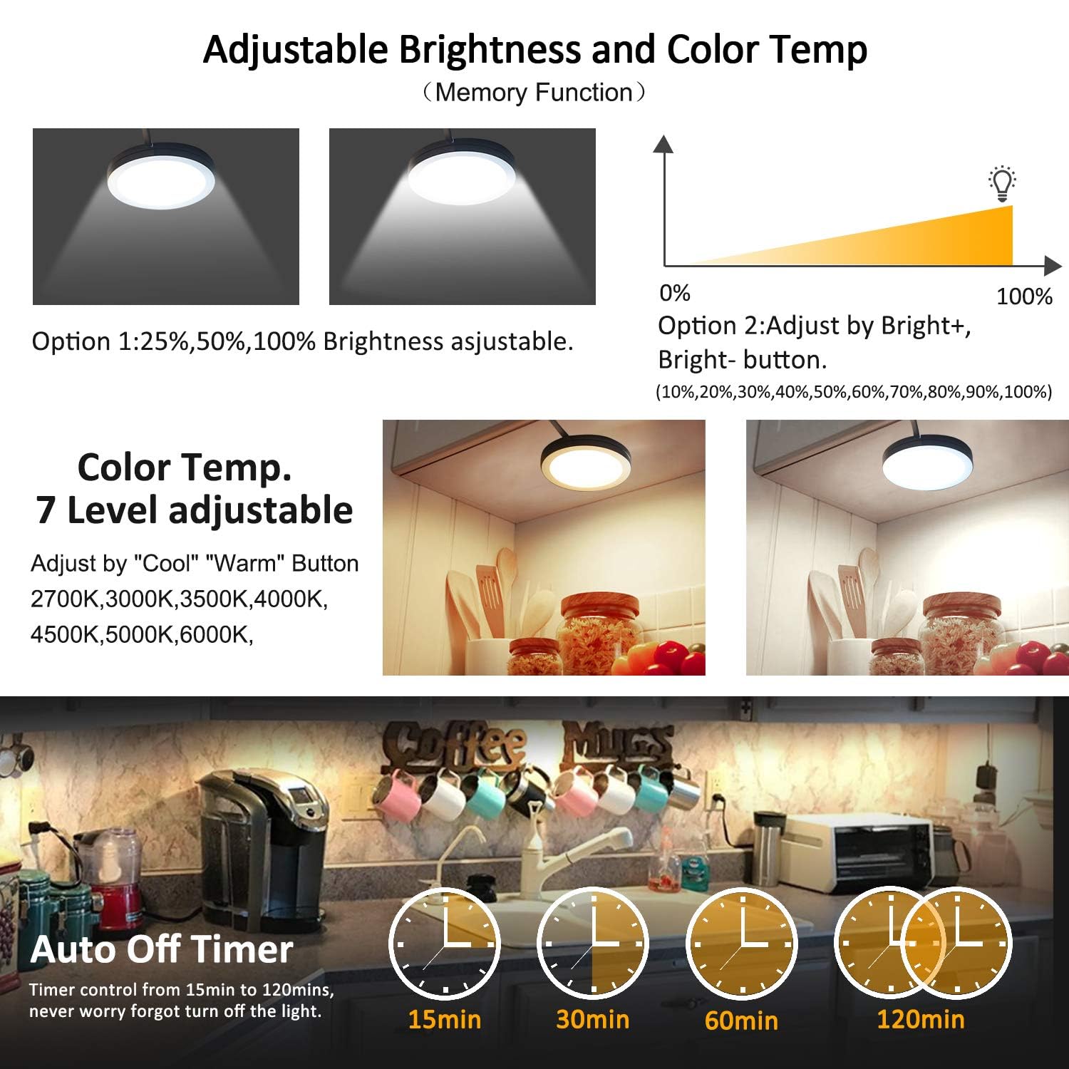 LED Under Cabinet Puck Lights CCT Light Color Temperature Adjustable Warm+White Double Color with Dimmable RF Remote Controller for Kitchen Shelf Ambiance Display Lighting (8 Lights, 24W) 6
