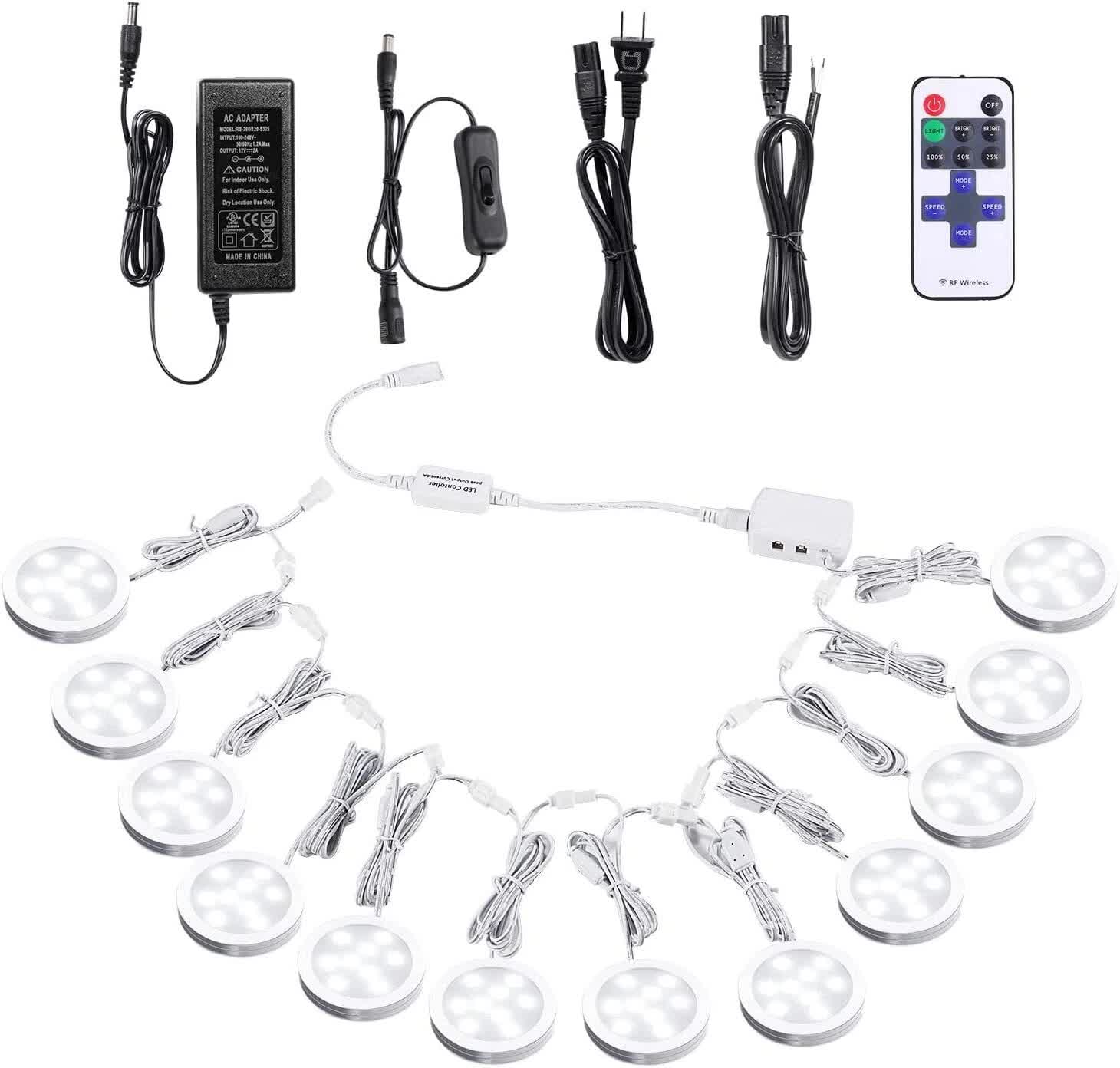 Linkable Under Cabinet LED Lighting 12V Dimmable Puck Lights with Wireless RF Remote Control, Hardwired & Wall Plug in for Kitchen Mood Lighting,Daylight White