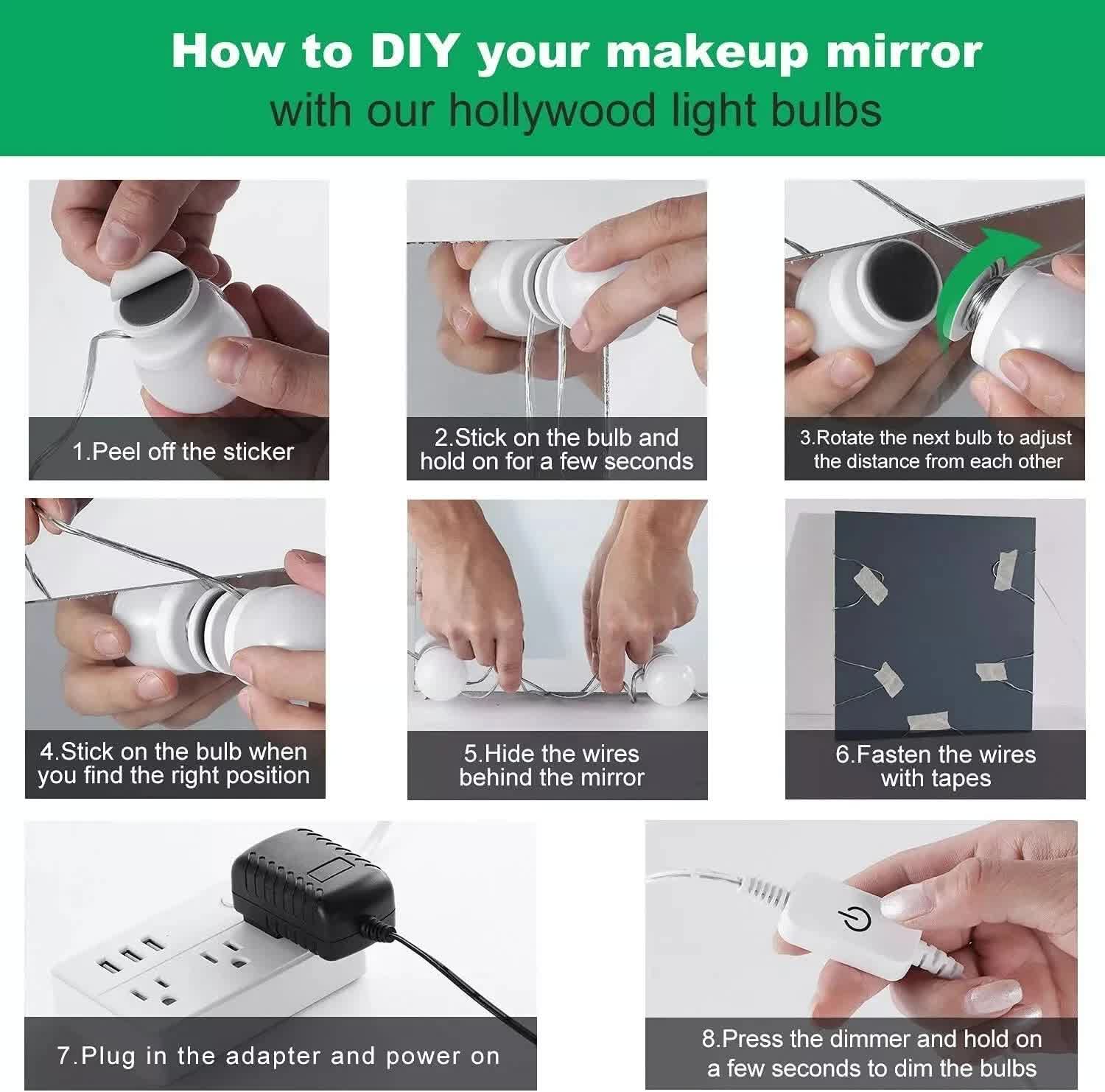 Hollywood LED Vanity Mirror Lights Kit,Stick on Dimmable Makeup Lights, 12V Mirror Lighting Strip Fixture for Vanity Dressing Table Set, Bedroom Wall Lights,CRI>90 (4000K Natural White,10 Bulbs) 7