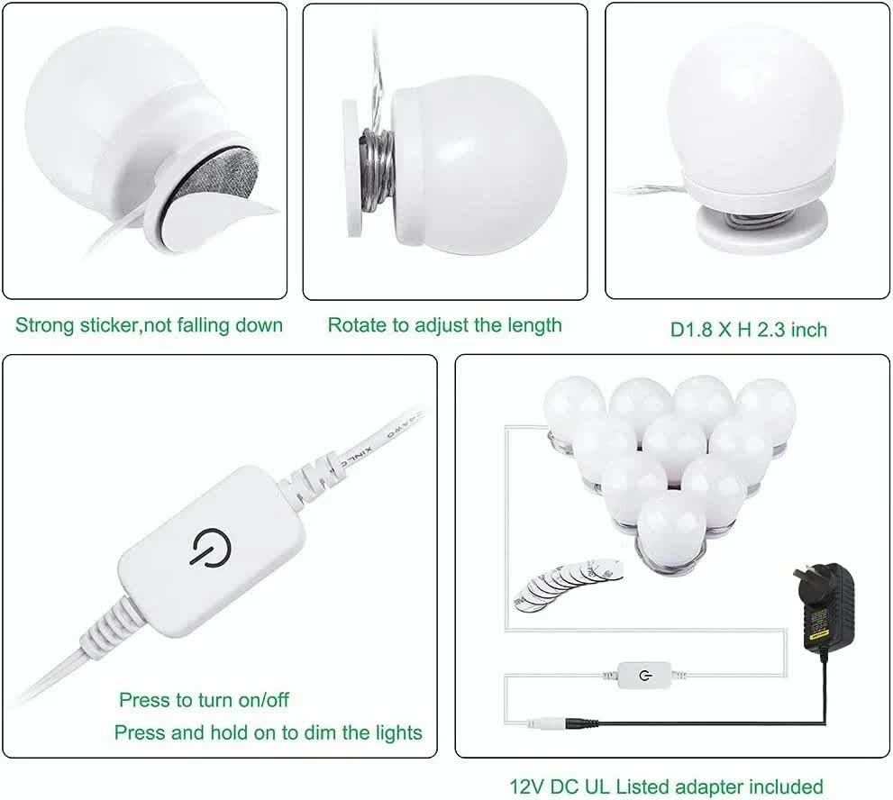 Hollywood LED Vanity Mirror Lights Kit,Stick on Dimmable Makeup Lights, 12V Mirror Lighting Strip Fixture for Vanity Dressing Table Set, Bedroom Wall Lights,CRI>90 (4000K Natural White,10 Bulbs) 8