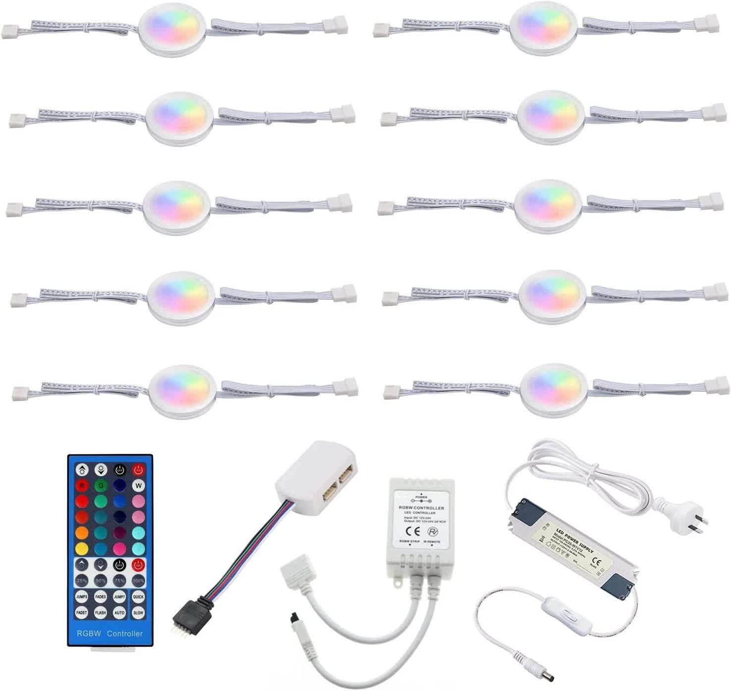 Under Counter LED Light Kit, RGBW Under Cabinet Lighting, 10 Packs Colored Cabinet Lights with Wireless 40-Key IR Dimmable Remote Control (10 Lights)