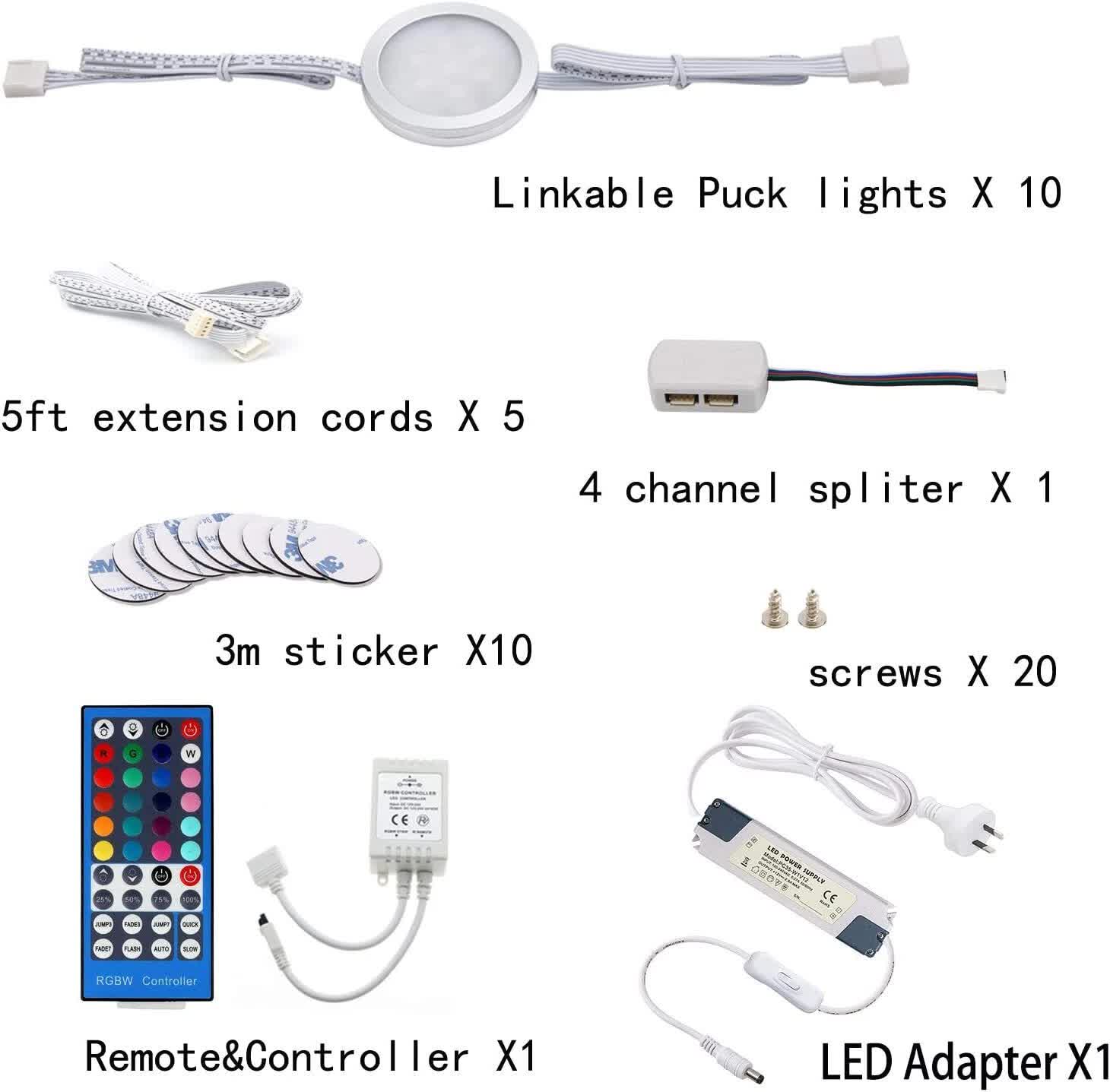 Under Counter LED Light Kit, RGBWW Under Cabinet Lighting, 10 Packs Colored Cabinet Lights with Wireless 40-Key IR Dimmable Remote Control (10 Lights) 4