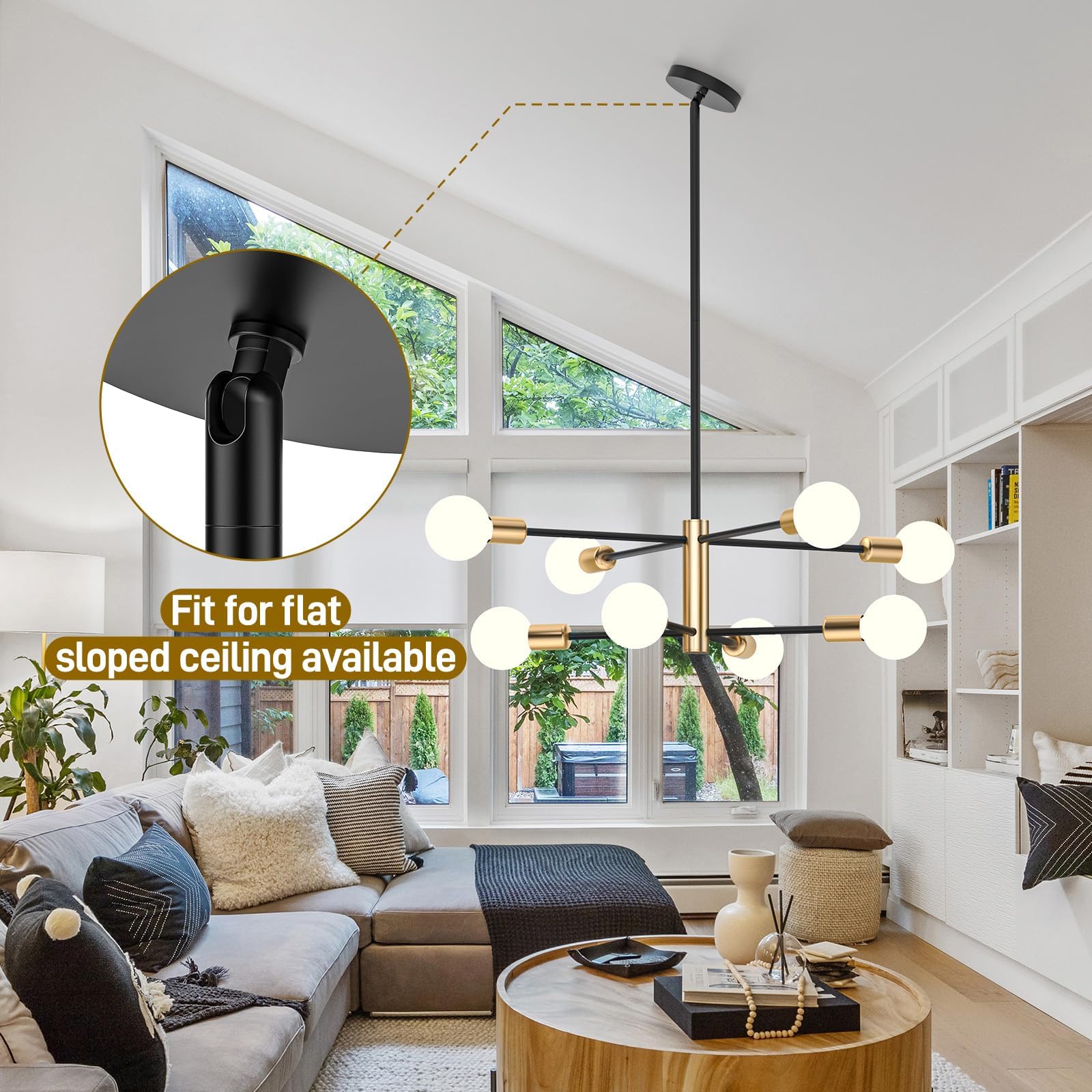 Modern Sputnik Chandelier 8 Lights Height Adjustable Ceiling Light Fixture Mid-Century Modern Gold Chandelier for Dining Room Bedroom Kitchen Living Room with Sloped Ceiling Adapter 4