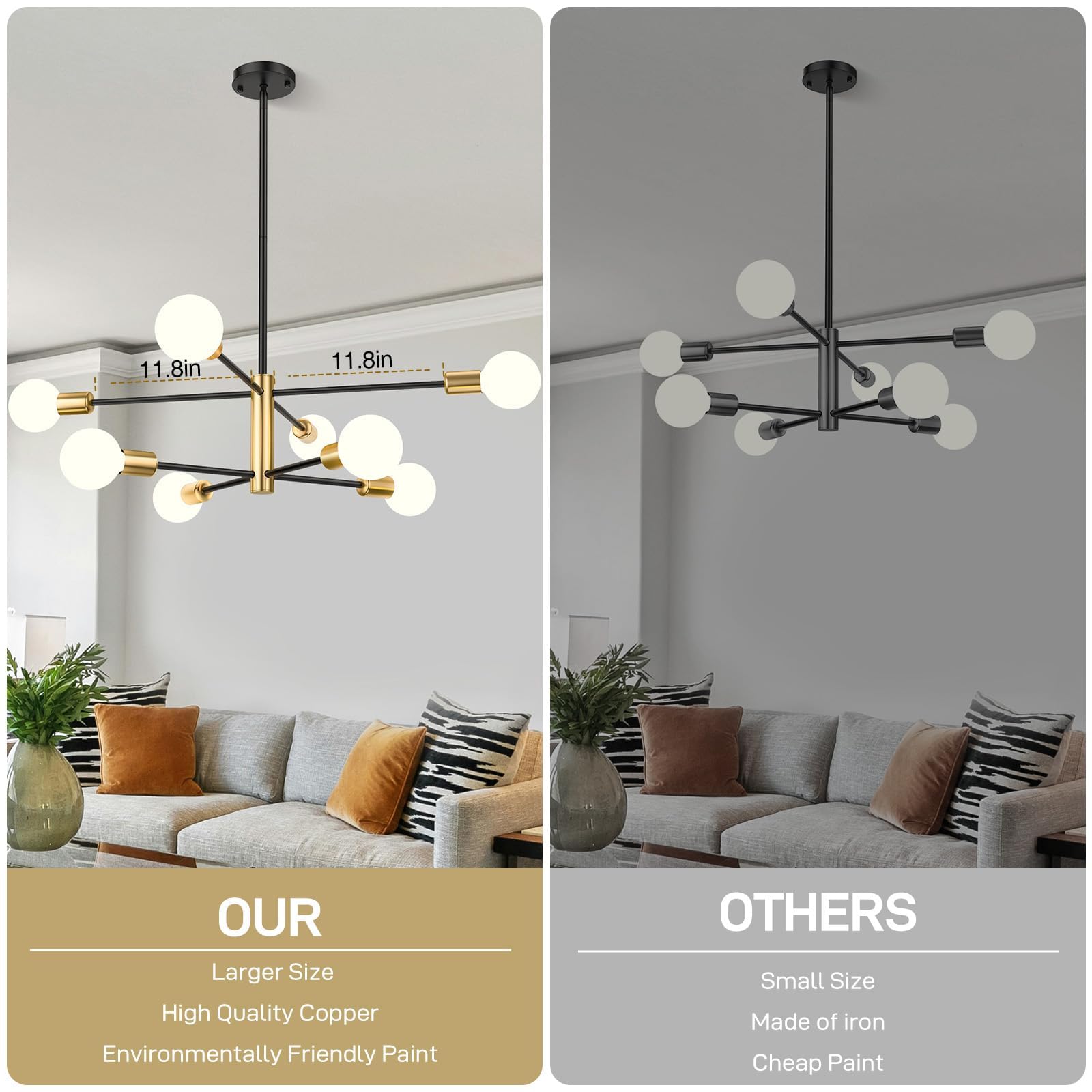 Modern Sputnik Chandelier 8 Lights Height Adjustable Ceiling Light Fixture Mid-Century Modern Gold Chandelier for Dining Room Bedroom Kitchen Living Room with Sloped Ceiling Adapter 5