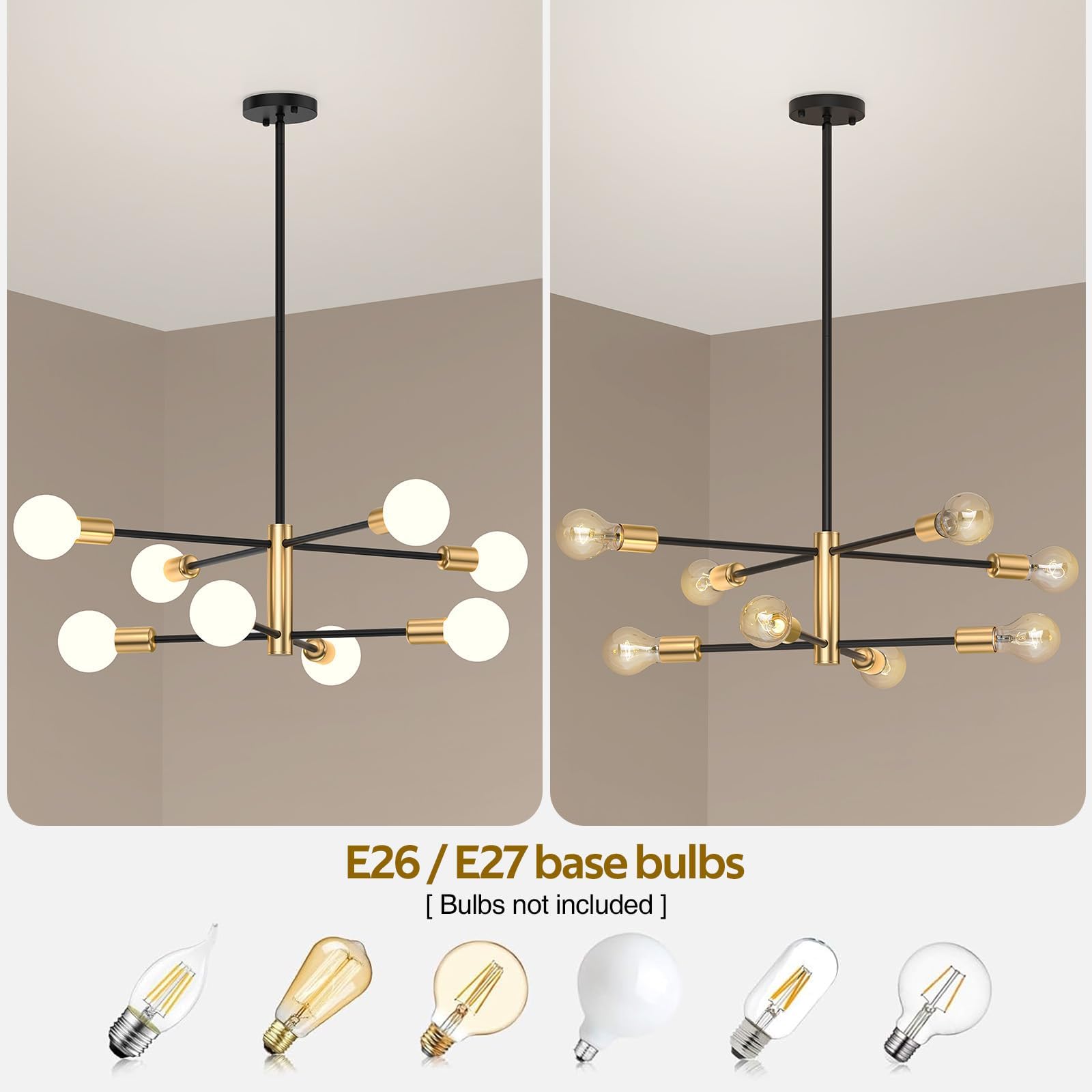 Modern Sputnik Chandelier 8 Lights Height Adjustable Ceiling Light Fixture Mid-Century Modern Gold Chandelier for Dining Room Bedroom Kitchen Living Room with Sloped Ceiling Adapter 6
