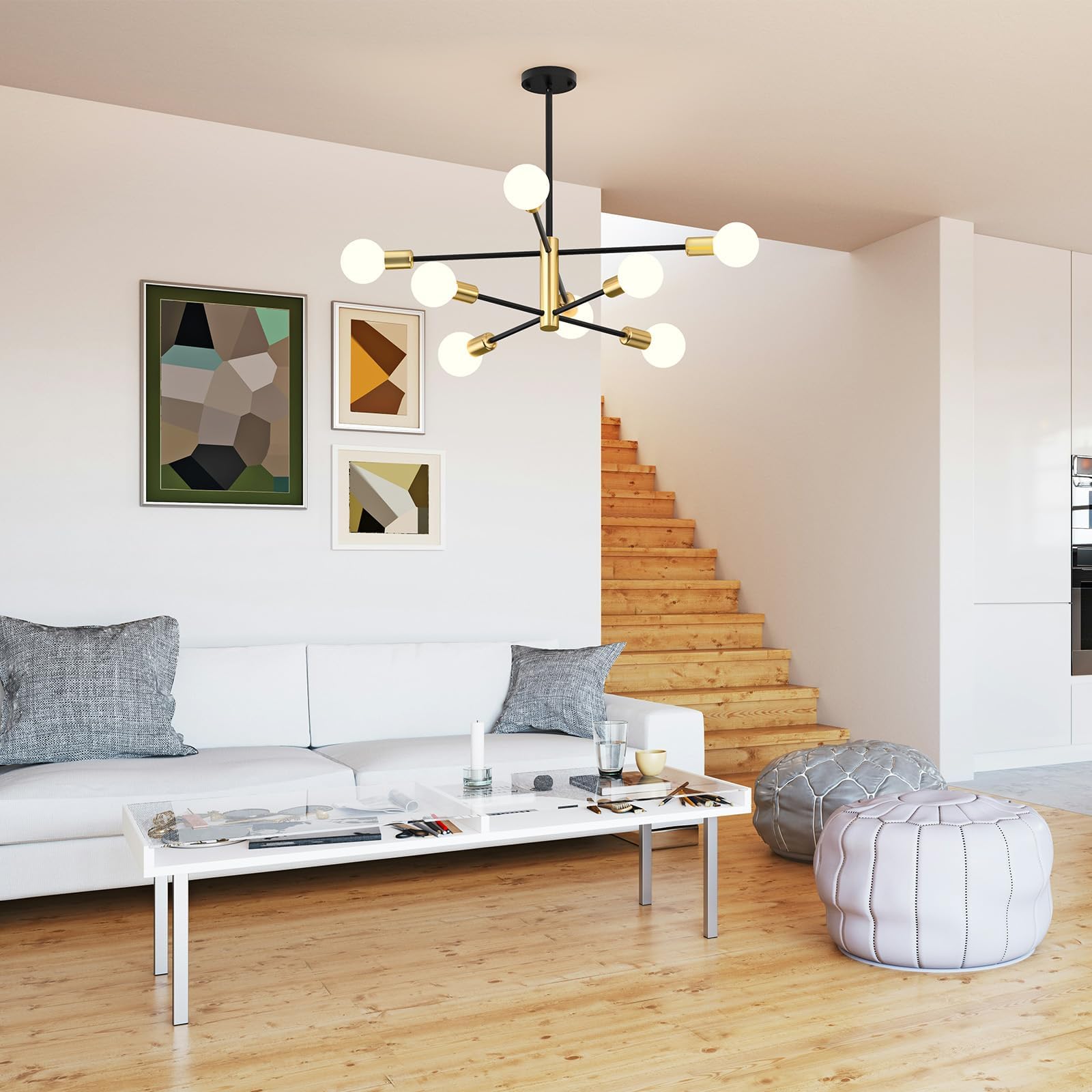 Modern Sputnik Chandelier 8 Lights Height Adjustable Ceiling Light Fixture Mid-Century Modern Gold Chandelier for Dining Room Bedroom Kitchen Living Room with Sloped Ceiling Adapter 8