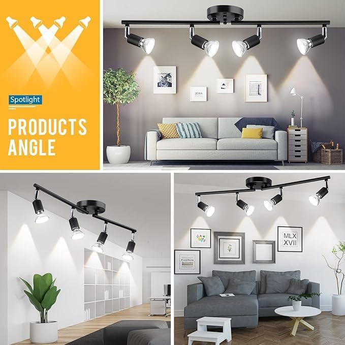 Kitchen Lights,Ceiling Lighting Kits, Swivelling Ceiling Spotlight for Bedroom, Kitchen and Living Room(GU10 LED Bulbs not Included) (4 Way Black) 3