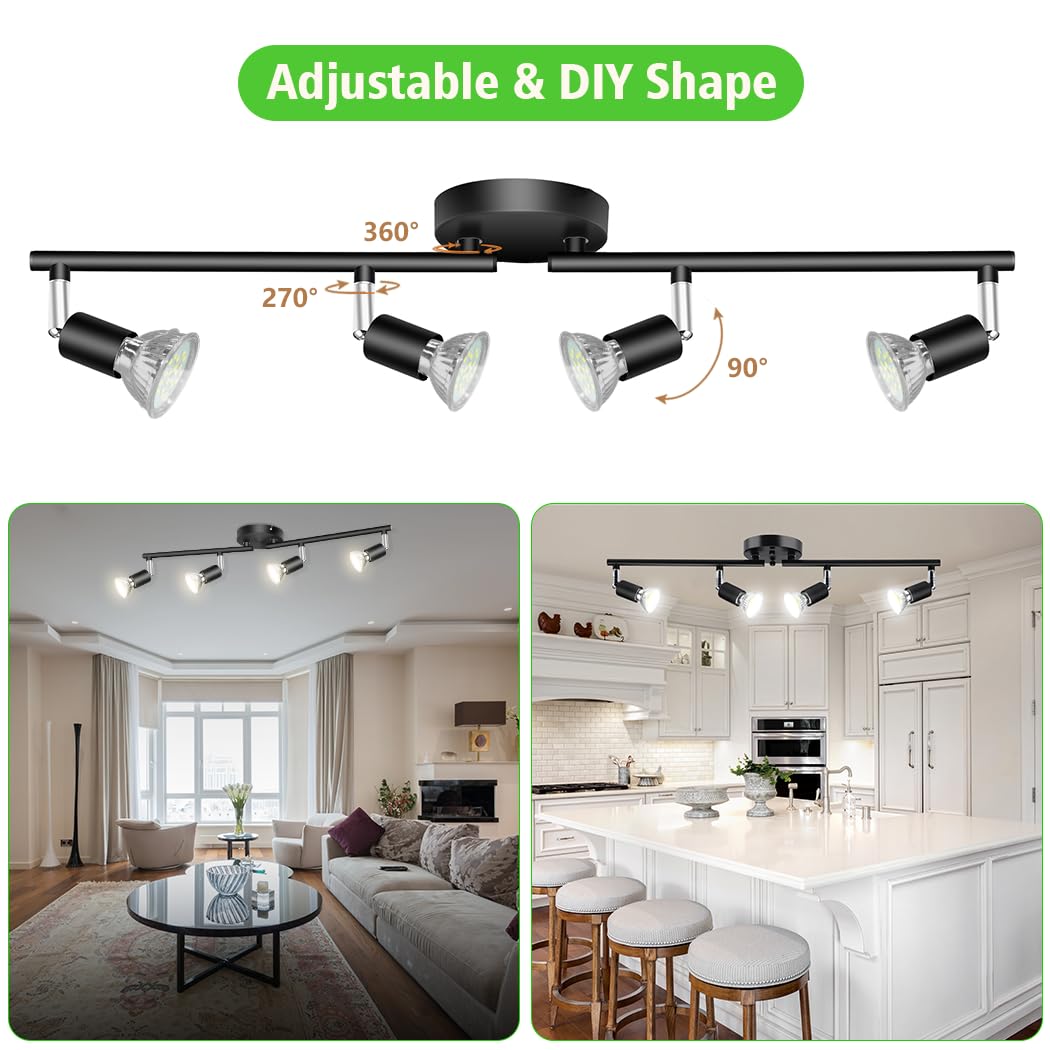 LED Ceiling Light,4 Way Rotatable Spot Lights for Ceiling,Flexible Ceiling Lights for Bedroom,Living Room, Black with Protectiv Bulb Trims(Gu10 Bulbs Not Included) 3