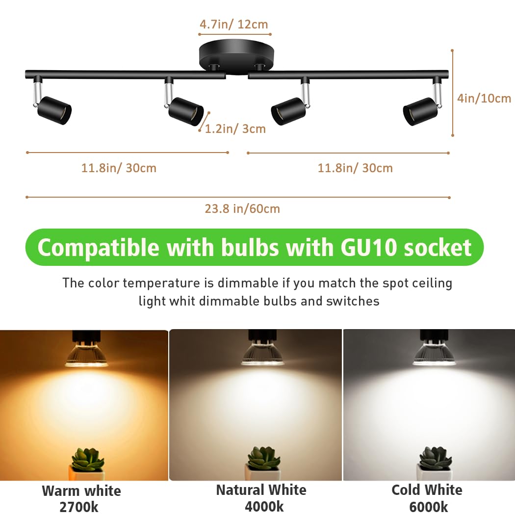 LED Ceiling Light,4 Way Rotatable Spot Lights for Ceiling,Flexible Ceiling Lights for Bedroom,Living Room, Black with Protectiv Bulb Trims(Gu10 Bulbs Not Included) 4