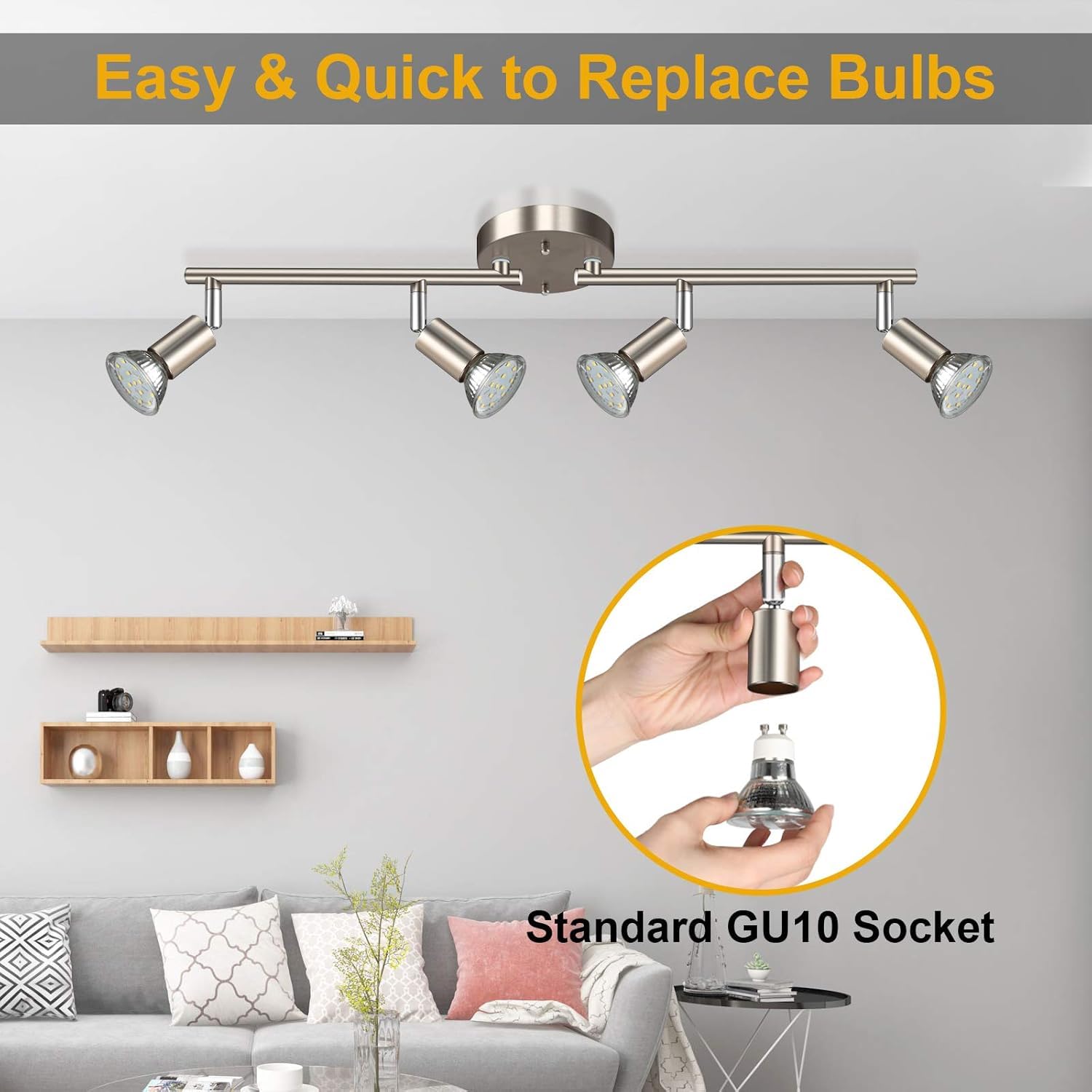 LED Ceiling Light,4 Way Rotatable Spot Lights for Ceiling,Flexible Ceiling Lights for Bedroom,Living Room, Black Nickel with Protectiv Bulb Trims(Gu10 Bulbs Not Included) 4