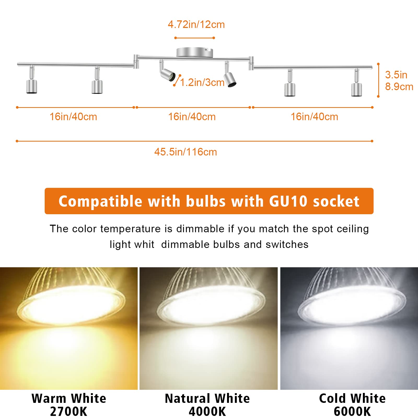 LED Ceiling Light 6 Way Rotatable Spot Lights for Ceiling,Flexible Ceiling Lights for Bedroom,Living Room,Nickel with Protectiv Bulb Trims(Gu10 Bulbs Not Included) 3