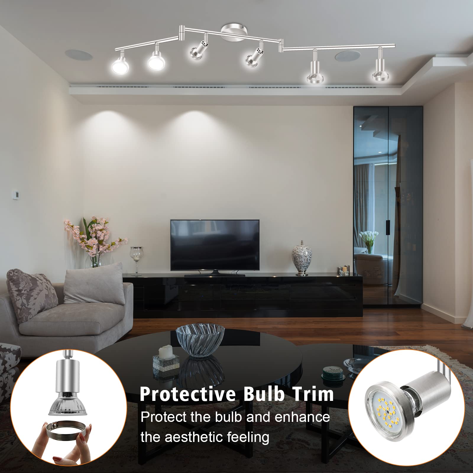 LED Ceiling Light 6 Way Rotatable Spot Lights for Ceiling,Flexible Ceiling Lights for Bedroom,Living Room,Nickel with Protectiv Bulb Trims(Gu10 Bulbs Not Included) 4