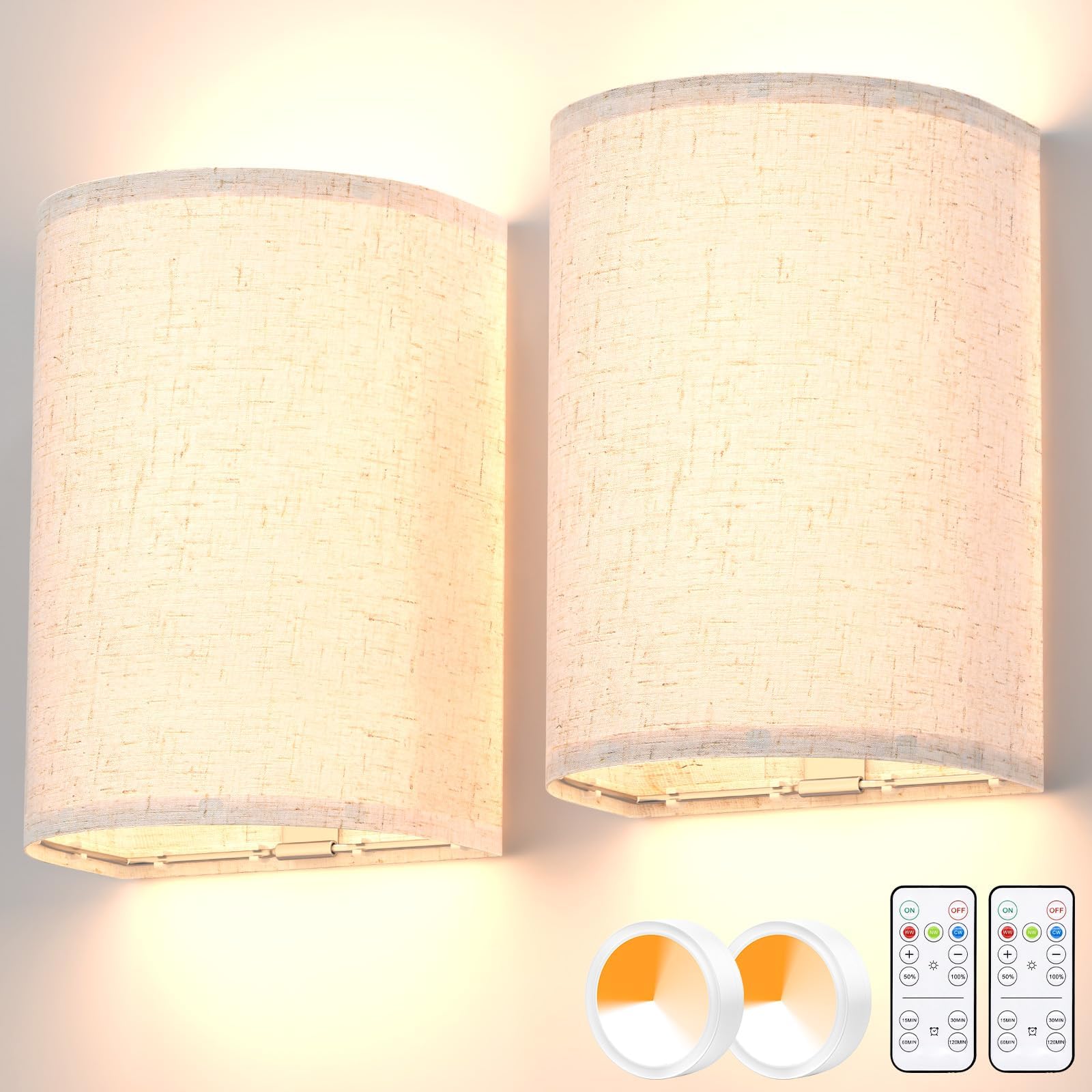 Battery Operated Wall Sconces Set of Two, Rechargeable Wall Lamp with Remote, 3 Colors Dimmable Fabric Wireless Sconces Wall Decor Set of 2 with Timer for Bedroom Living Room