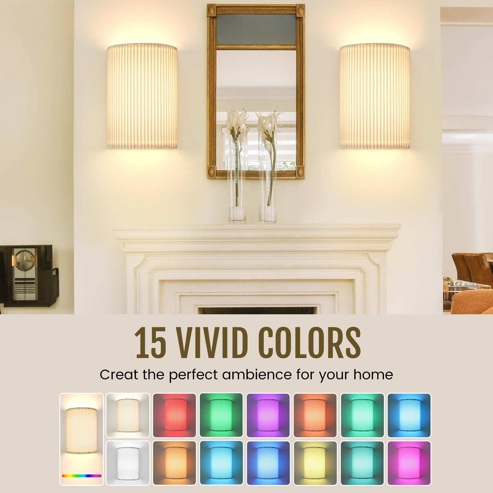 Battery Operated Wall Sconces Set of 2, 5000mAh Rechargeable RGB Wall Lamp with Remote, 3 Colors 10 Levels Brightness Wireless Sconces Wall Decor Set of 2 with Timer for Bedroom Living Room