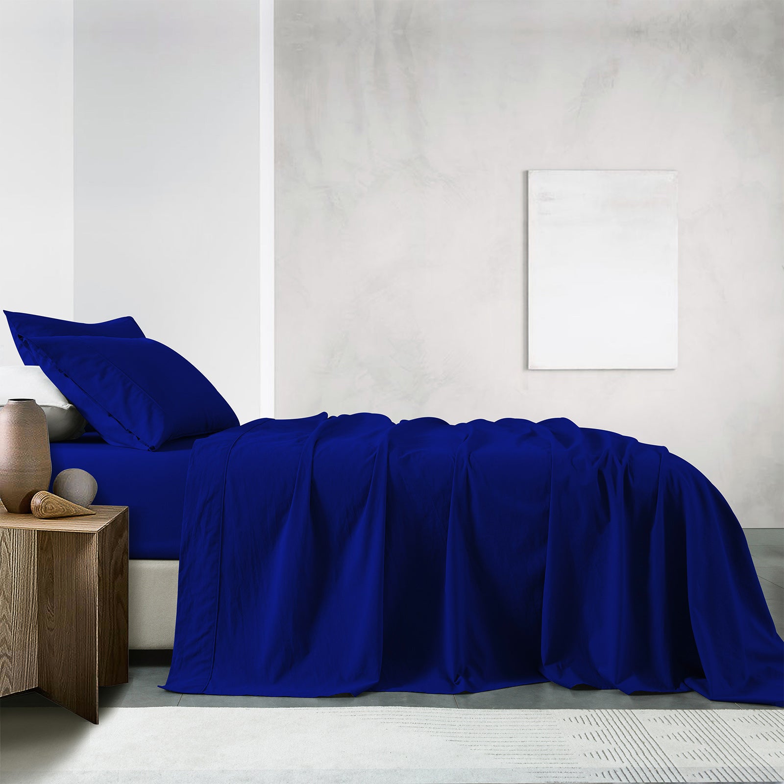 Royal Comfort Vintage Washed 100% Cotton Sheet Set Fitted Flat Sheet Pillowcases - Double - Royal Blue 3