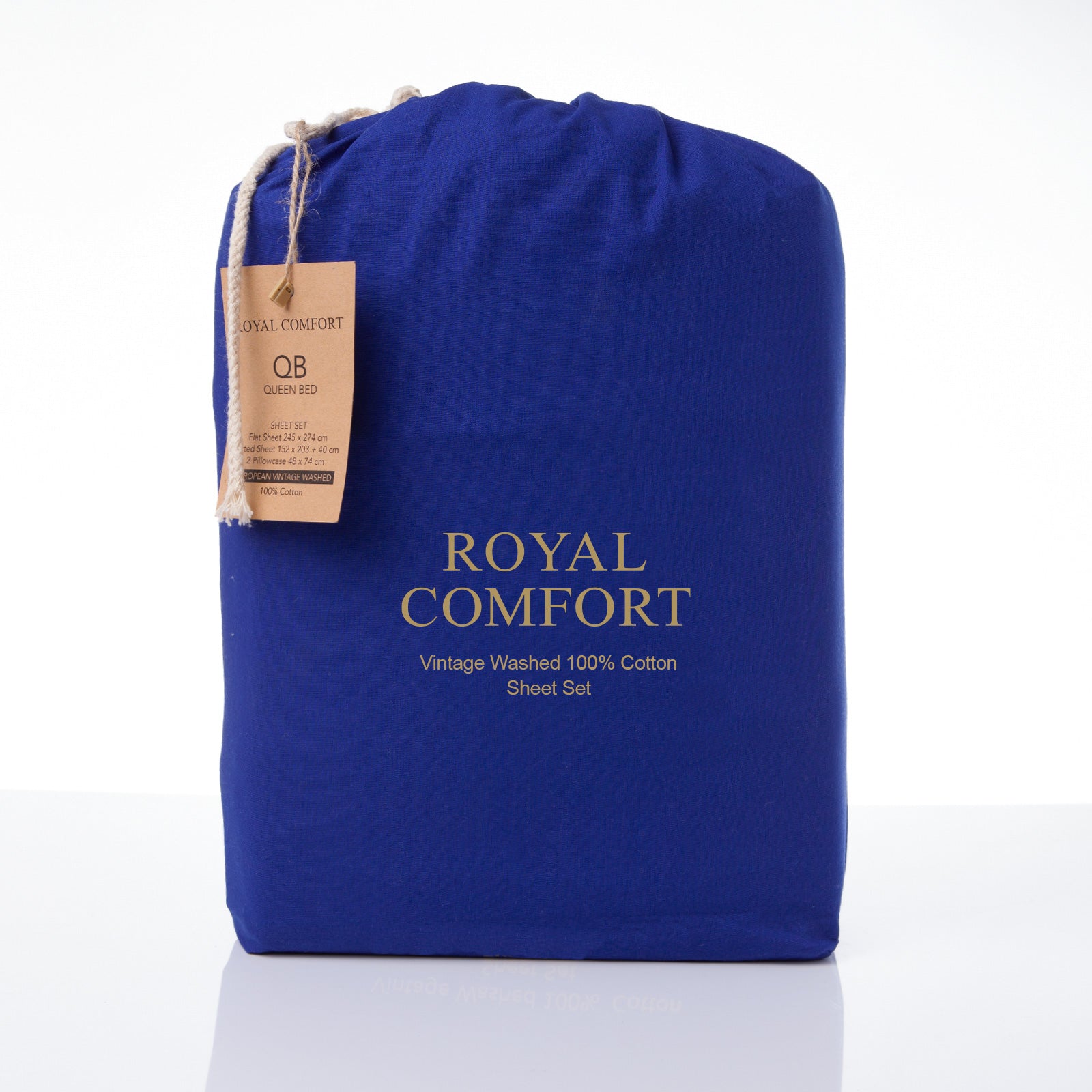 Royal Comfort Vintage Washed 100% Cotton Sheet Set Fitted Flat Sheet Pillowcases - Double - Royal Blue 4