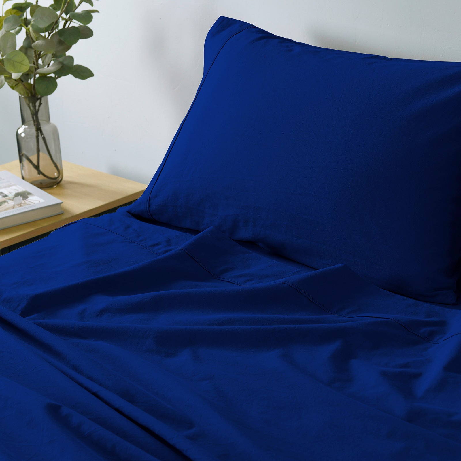 Royal Comfort Vintage Washed 100% Cotton Sheet Set Fitted Flat Sheet Pillowcases - Double - Royal Blue 5