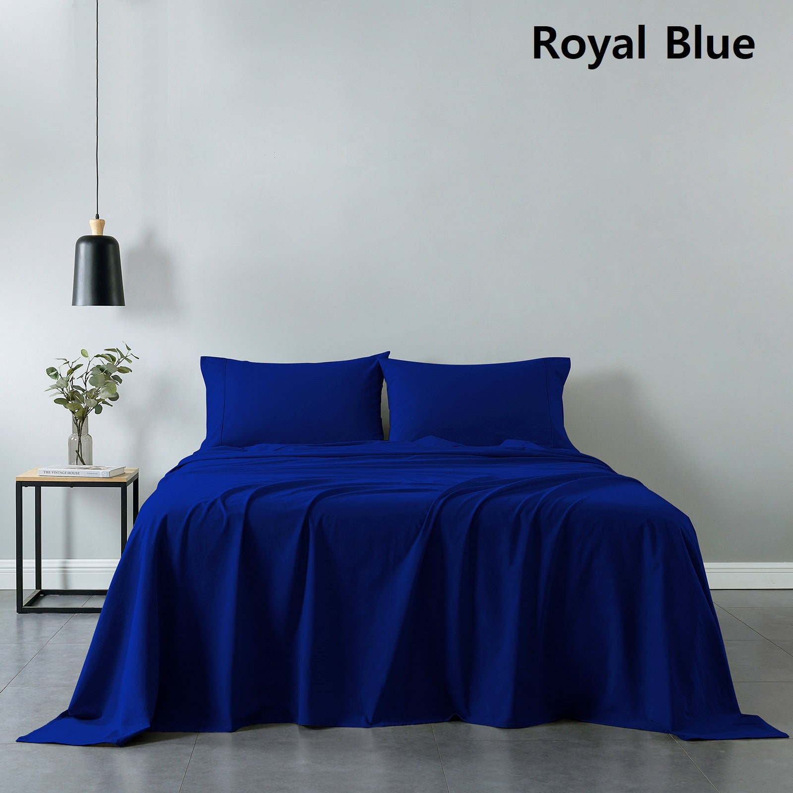 Royal Comfort Vintage Washed 100% Cotton Sheet Set Fitted Flat Sheet Pillowcases - Double - Royal Blue 9