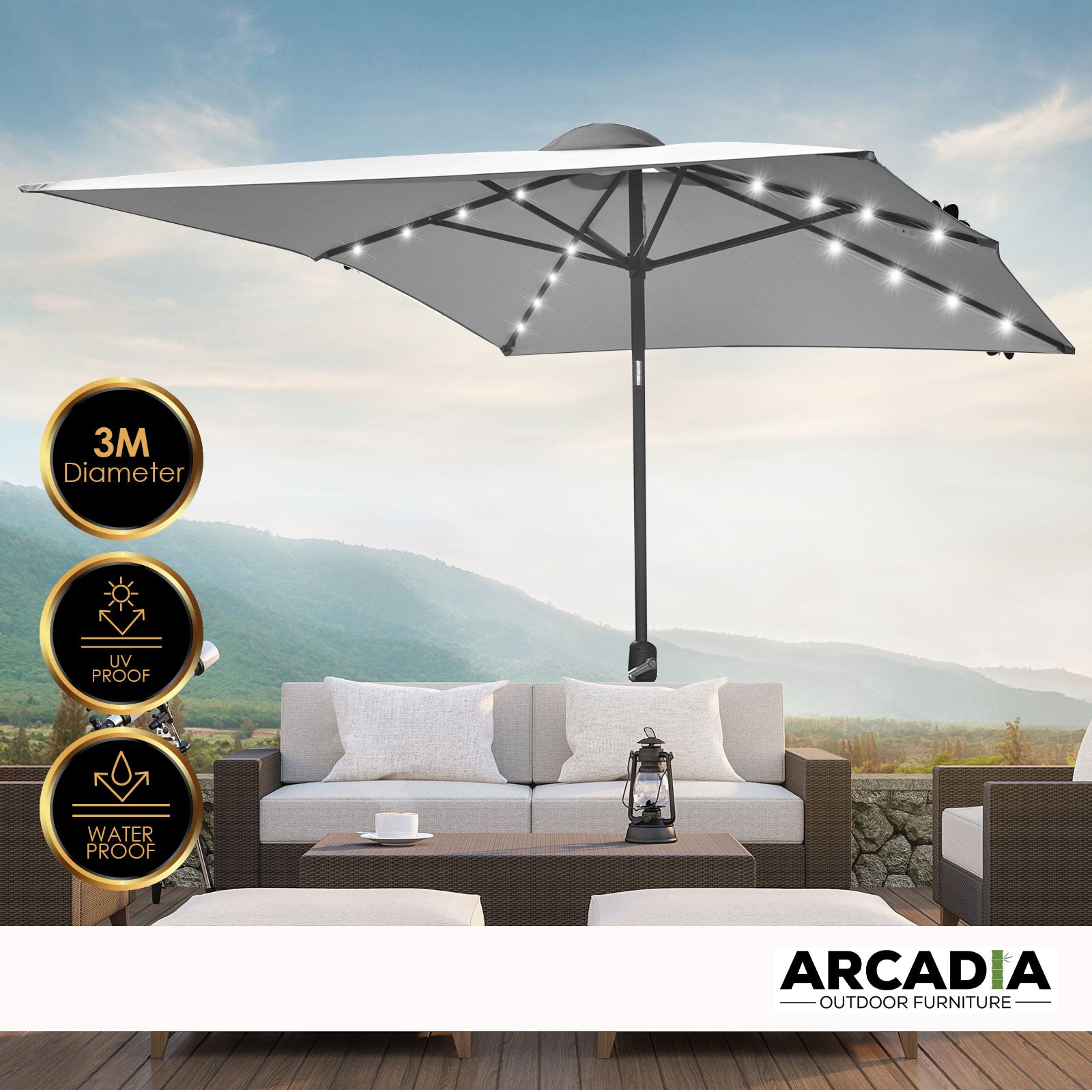 Arcadia Furniture Umbrella 3 Metre Umbrella with Solar LED Lights Garden Yard - Grey 9