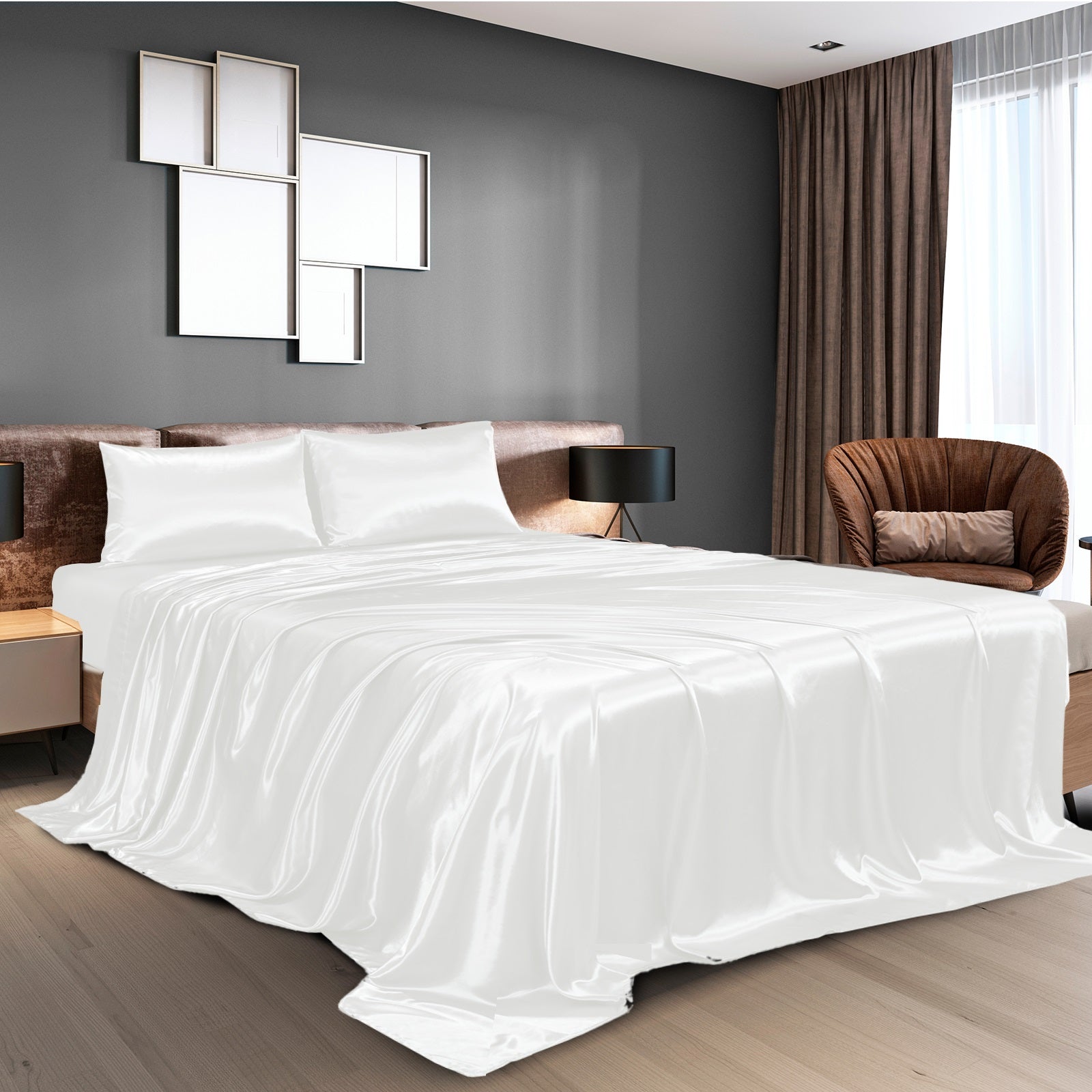 Royal Comfort Satin Sheet Set 4 Piece Fitted Flat Sheet Pillowcases  - King - White 3