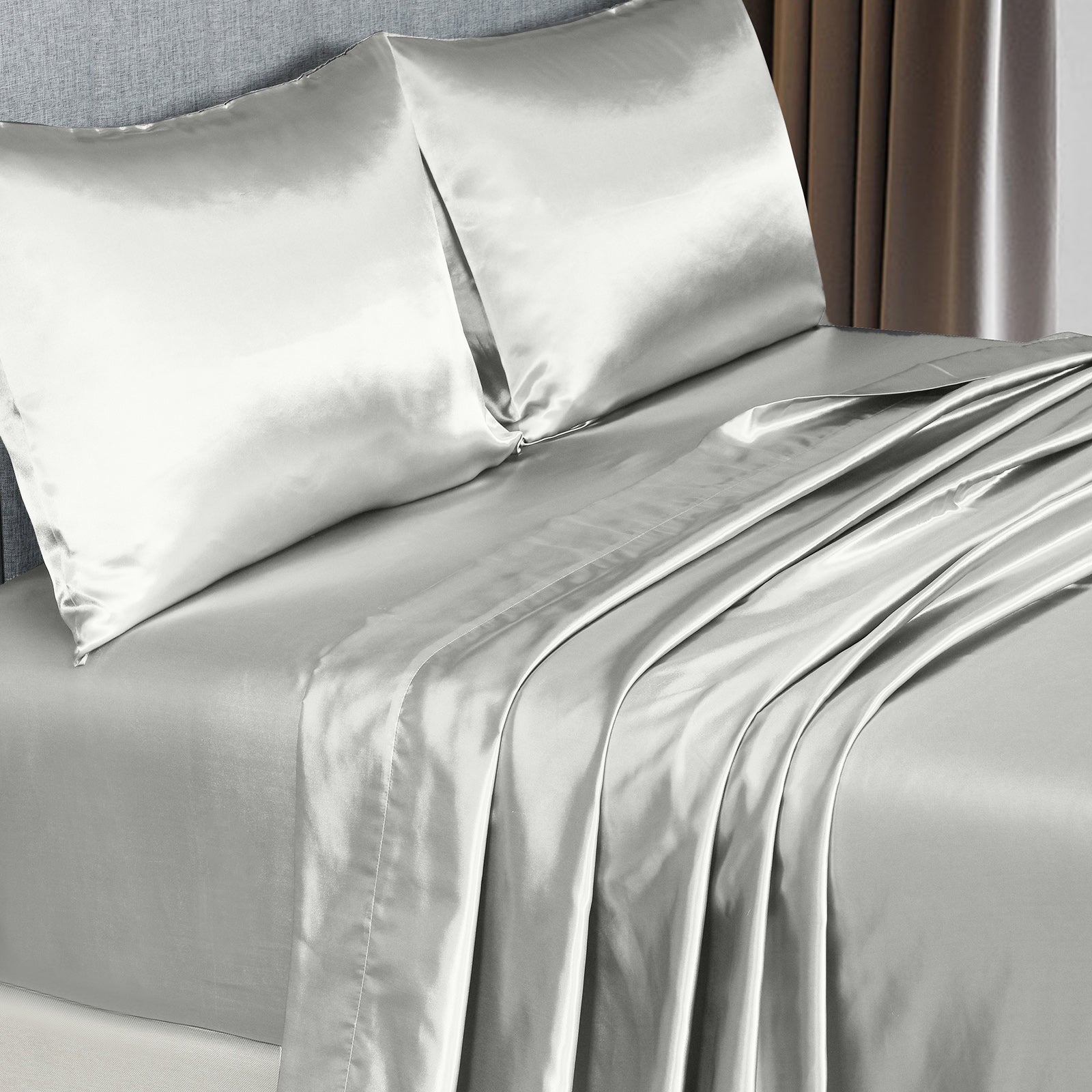 Royal Comfort Satin Sheet Set 4 Piece Fitted Flat Sheet Pillowcases  - King - Silver 7