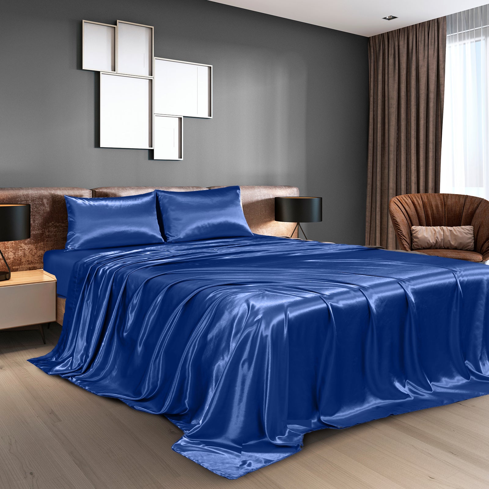 Royal Comfort Satin Sheet Set 4 Piece Fitted Flat Sheet Pillowcases  - King - Navy Blue 3