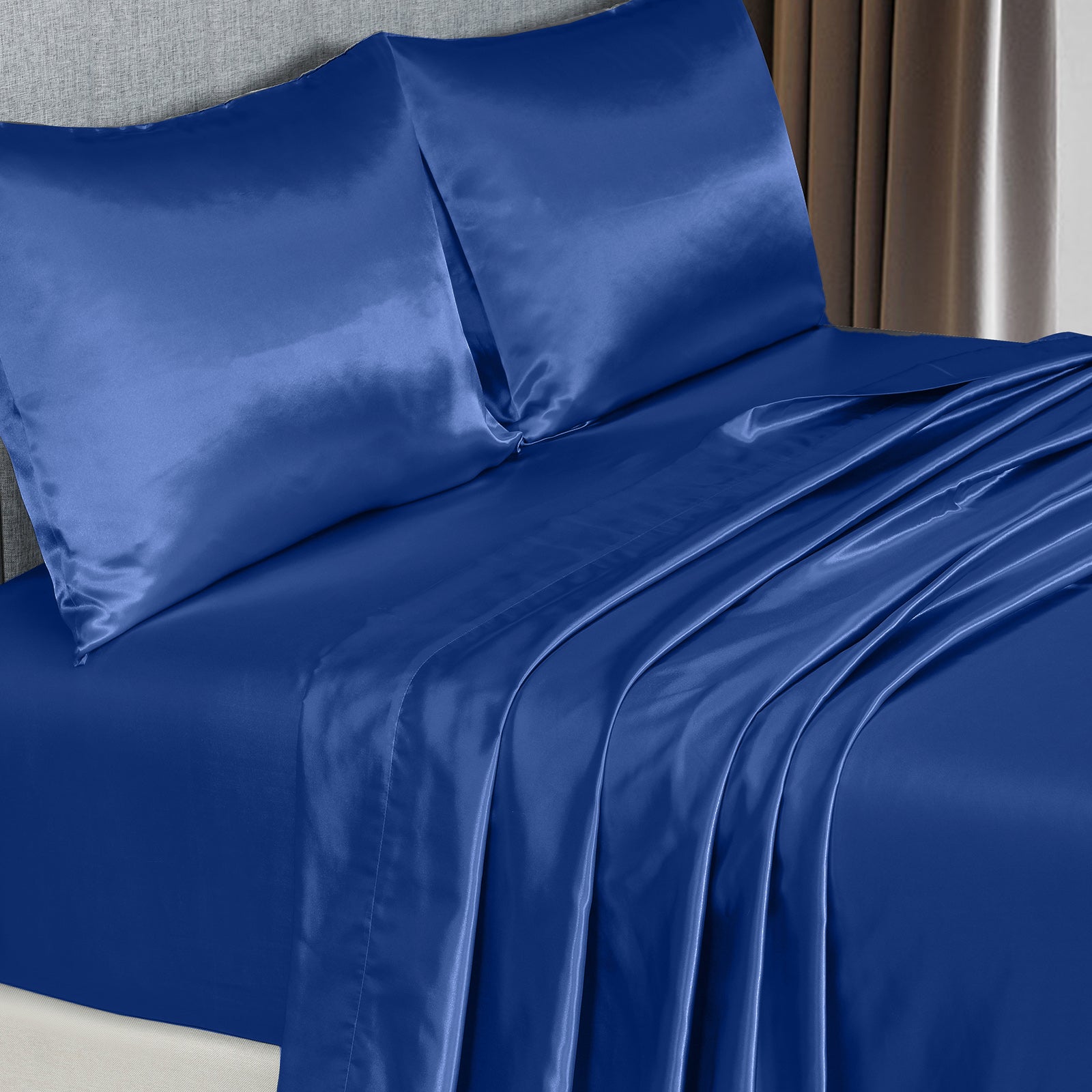 Royal Comfort Satin Sheet Set 4 Piece Fitted Flat Sheet Pillowcases  - King - Navy Blue 7