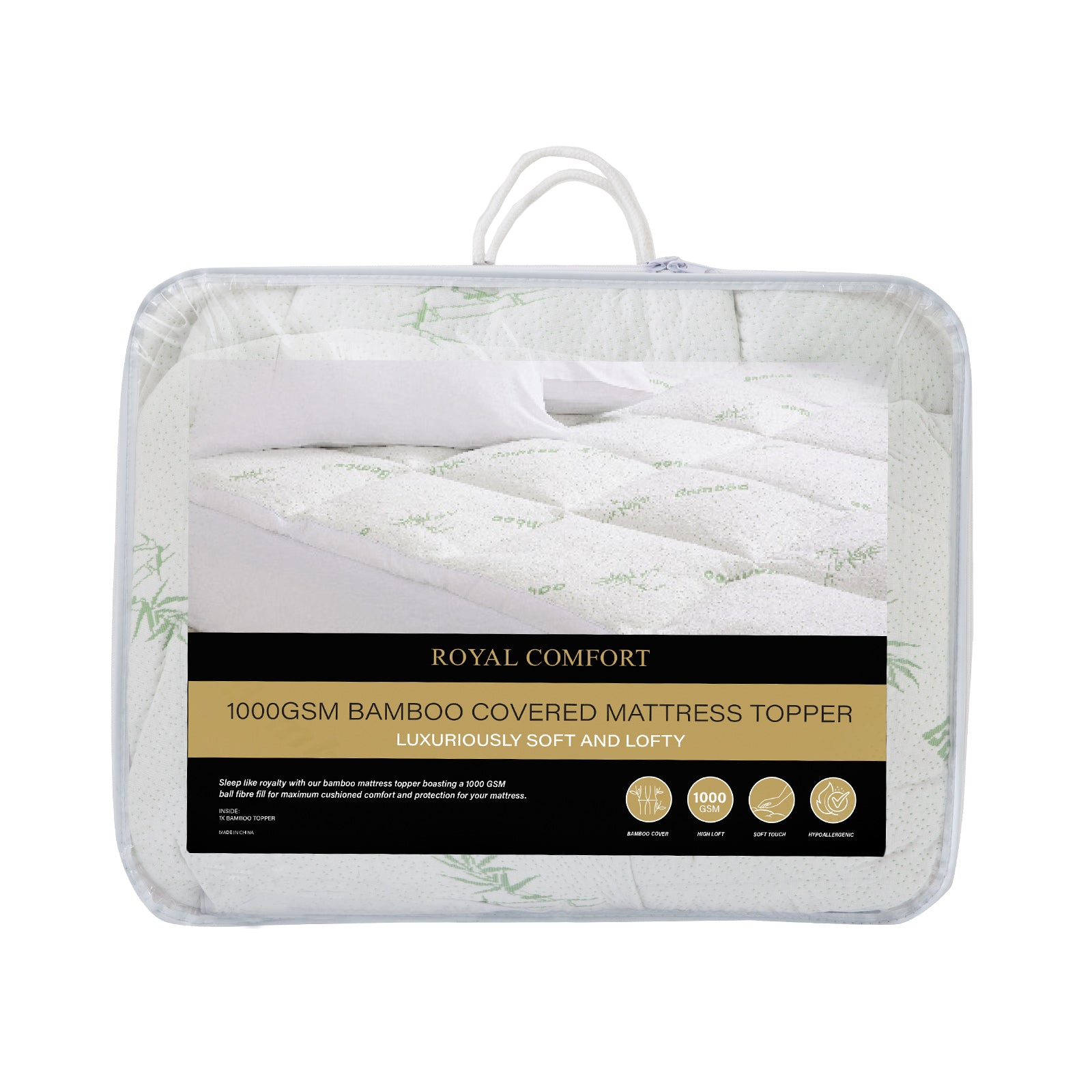 Royal Comfort 1000GSM Luxury Bamboo Covered Mattress Topper Ball Fibre Gusset - Double - White
