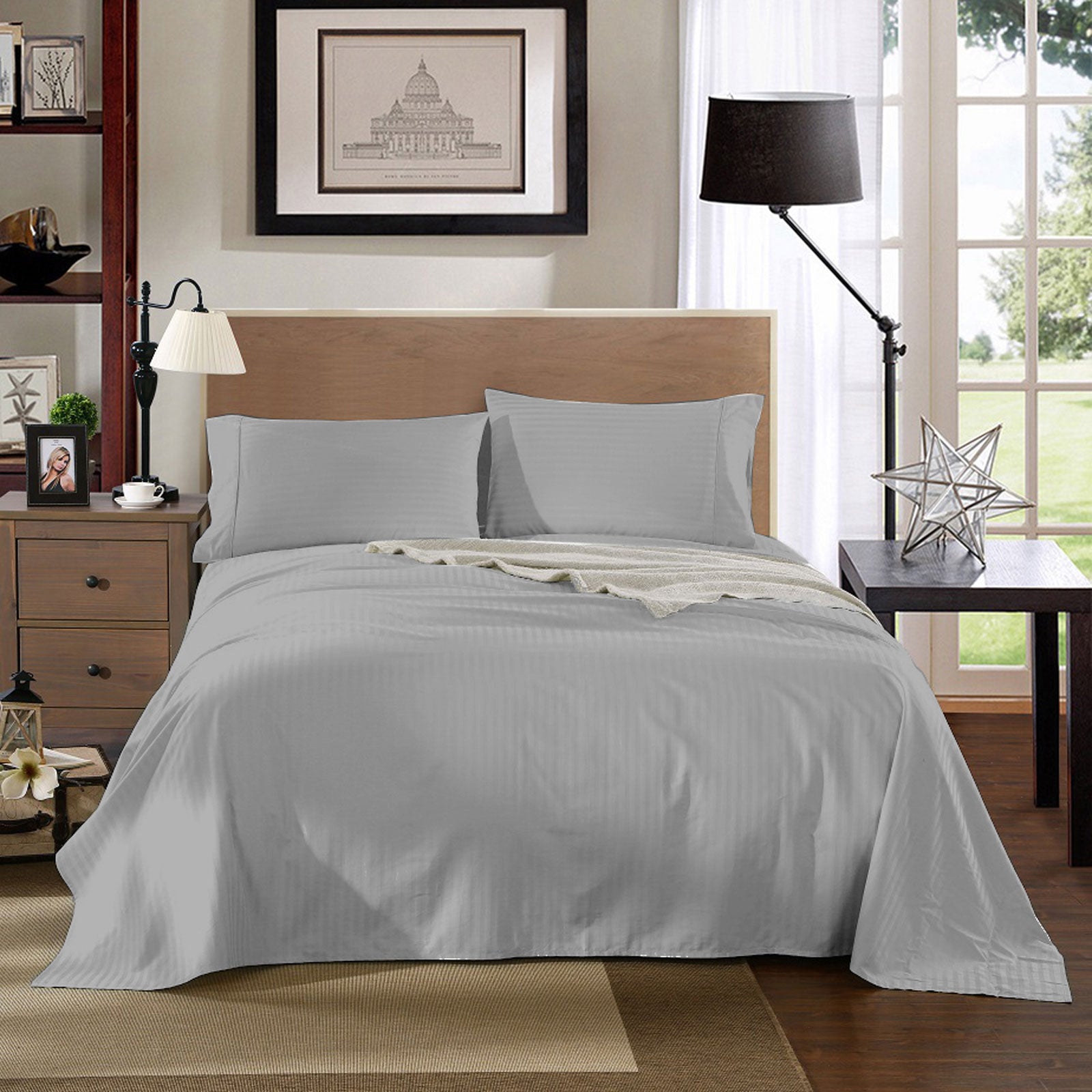 Kensington 1200 Thread Count 100% Egyptian Cotton Sheet Set Stripe Hotel Grade - Double - Silver 6