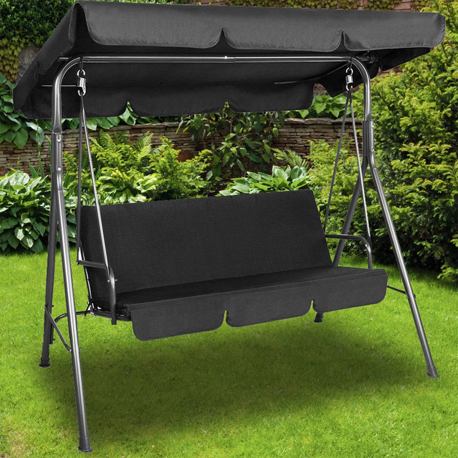 Milano Outdoor Swing Bench Seat Chair Canopy Furniture 3 Seater Garden Hammock - Black 3