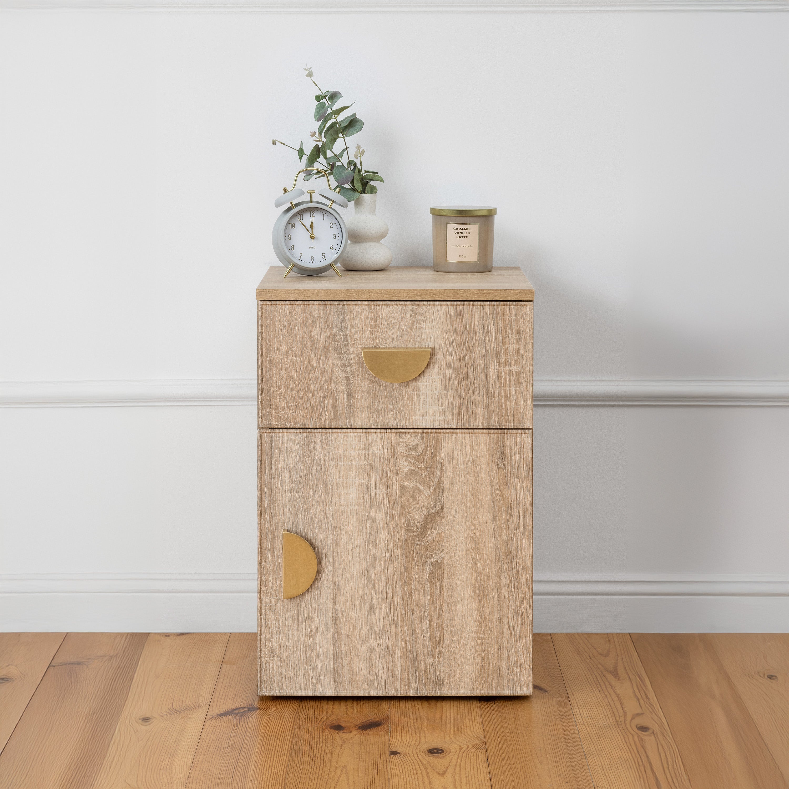 PORTO BEDSIDE TABLE - NATURAL OAK - SLIM - HALF MOON BRASS