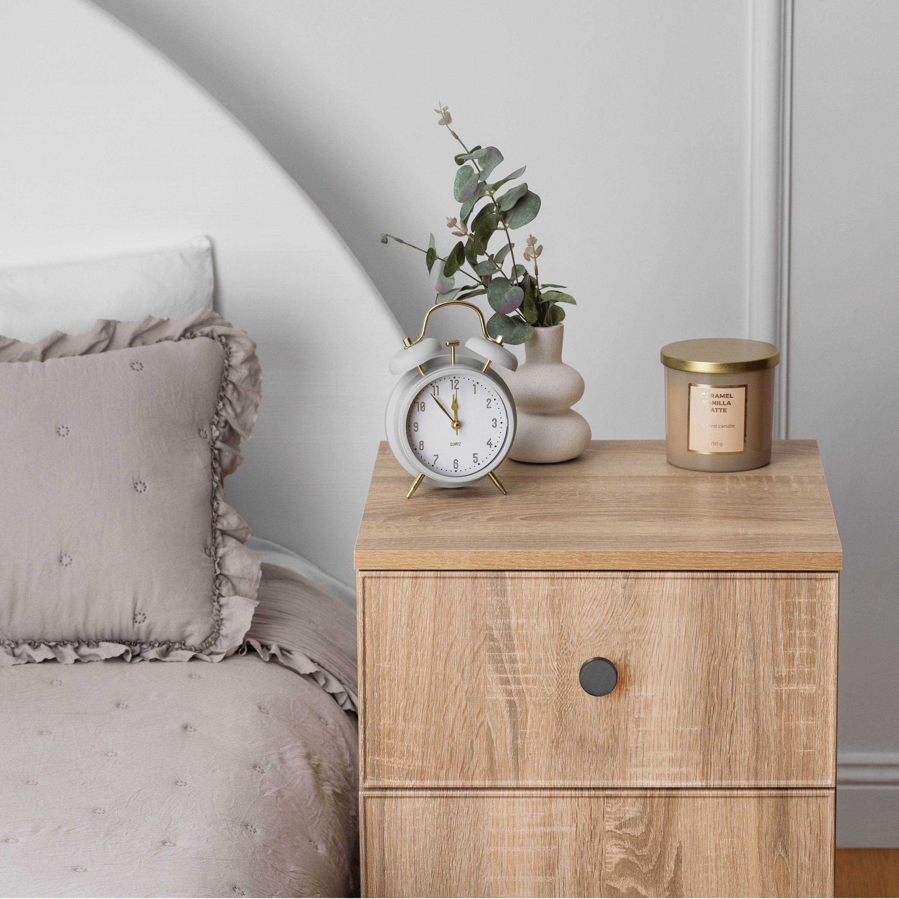 PORTO BEDSIDE TABLE - NATURAL OAK - SLIM - ROUND BLACK