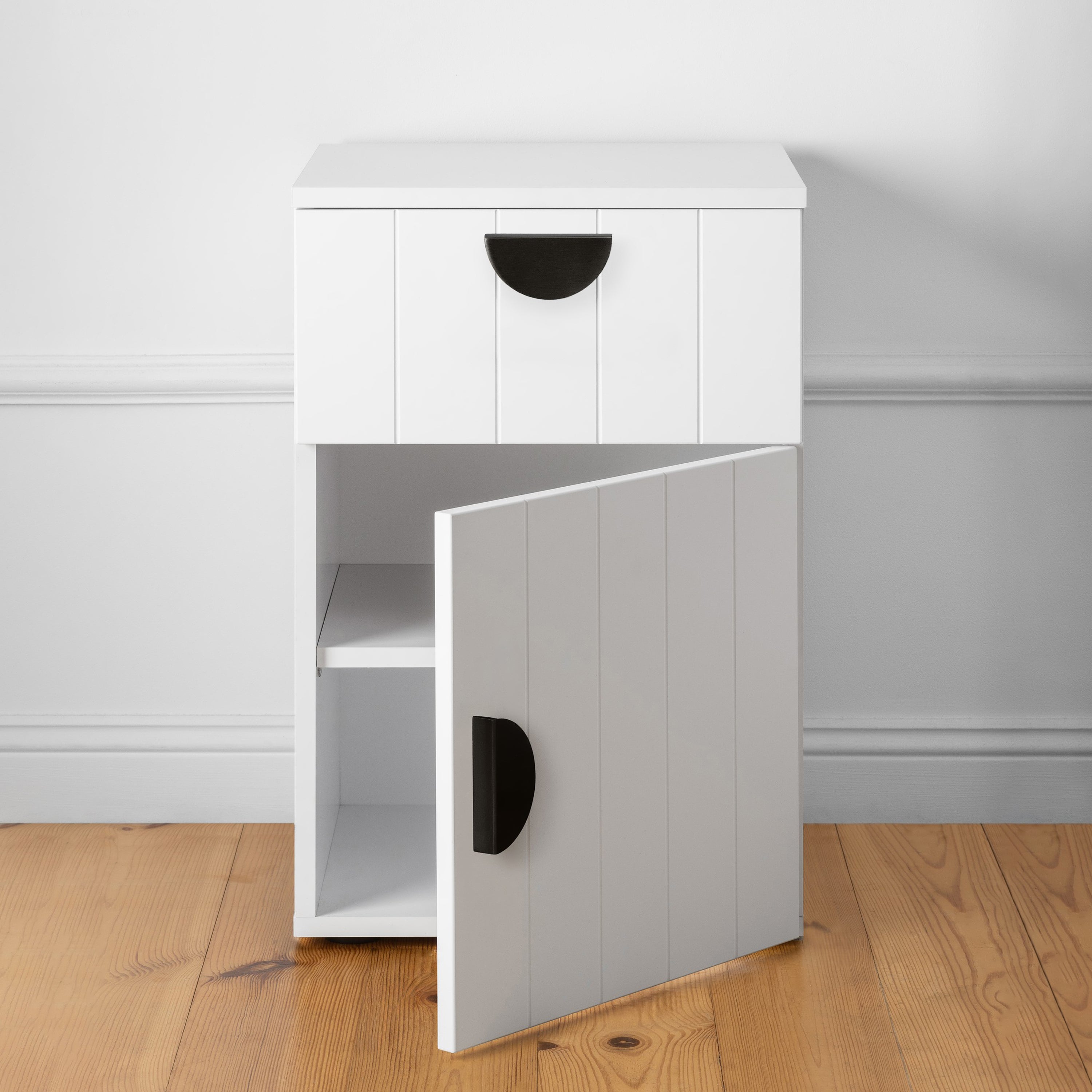 PORTO BEDSIDE TABLE - WHITE - VJ PANEL - HALF MOON BLACK 3