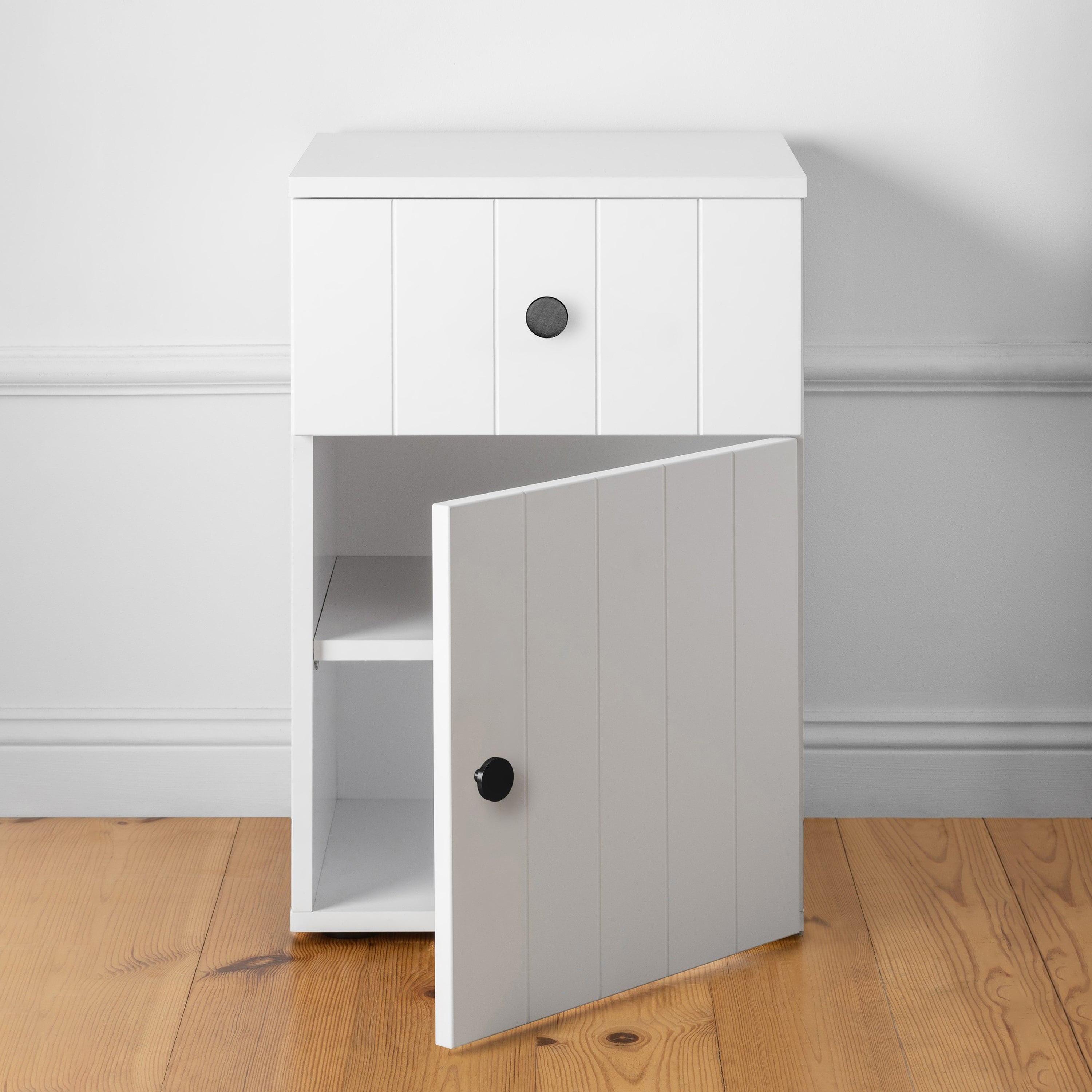 PORTO BEDSIDE TABLE - WHITE - VJ PANEL - ROUND BLACK 3