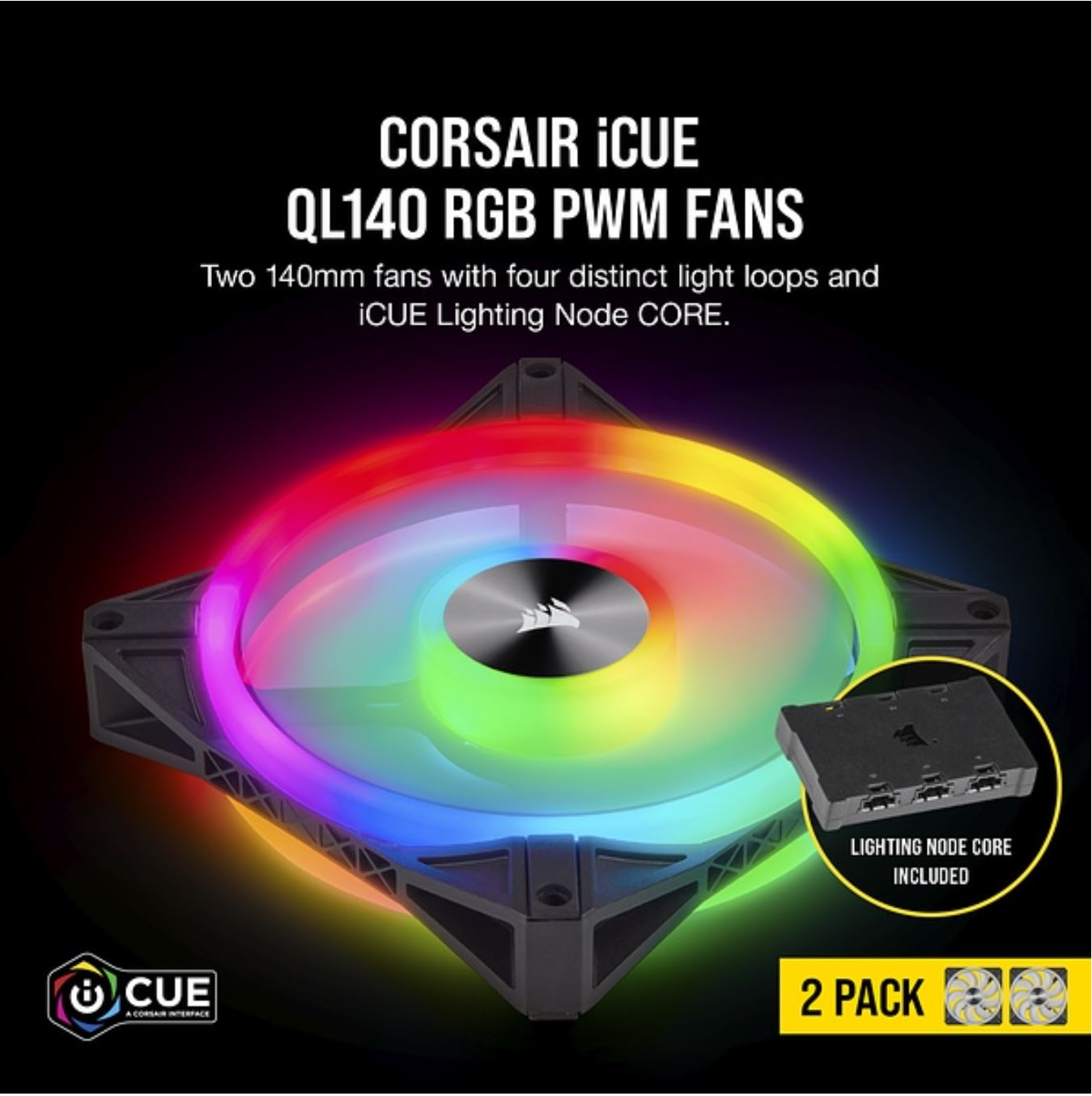 CORSAIR QL140 RGB Dual Fan Kit with Lighting Node Core, ICUE, Anti Vibration, Low-Noise 140 mm Fan Blade, RGB LED PWM Fan 26dBA, 502 CFM, 2 Fan Pack 3