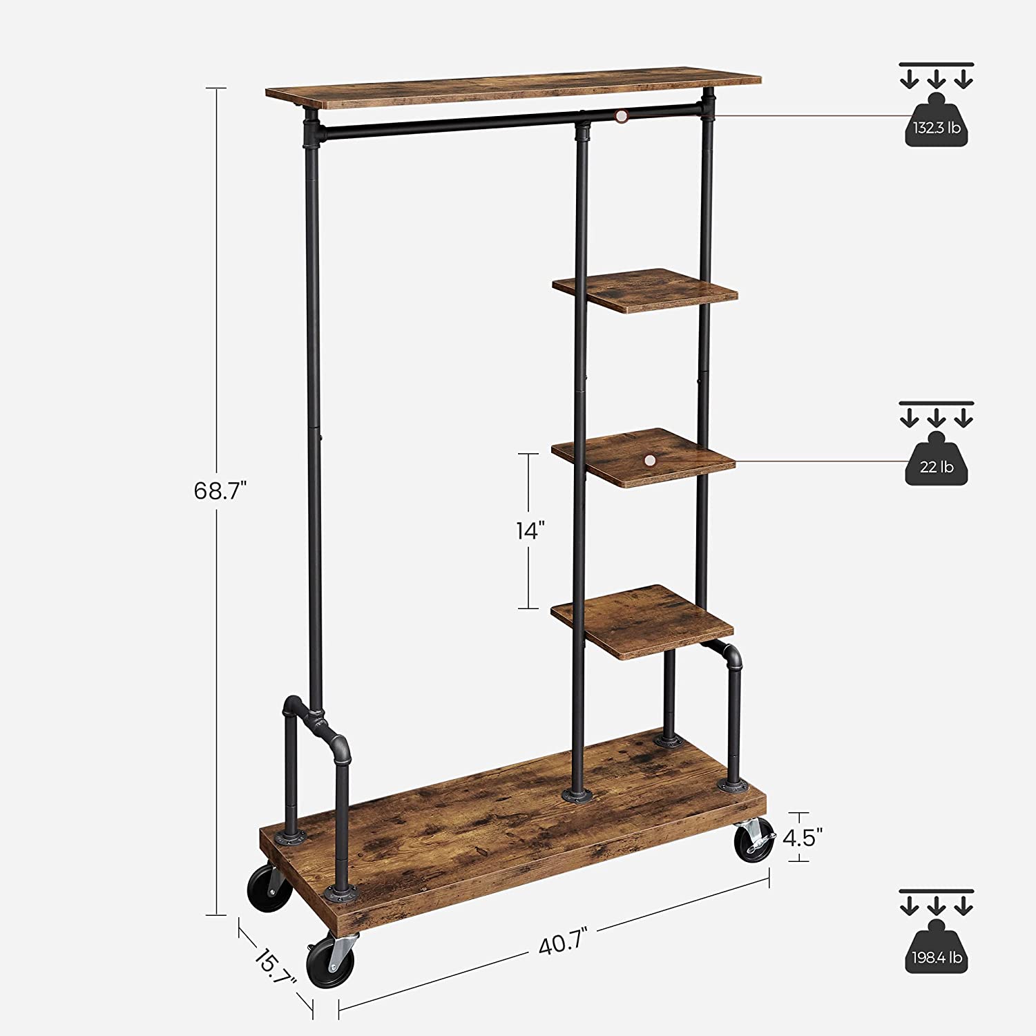 Clothing Garment Rack on Wheels with 5-Tier, Industrial Pipe Style, Rustic Brown 3