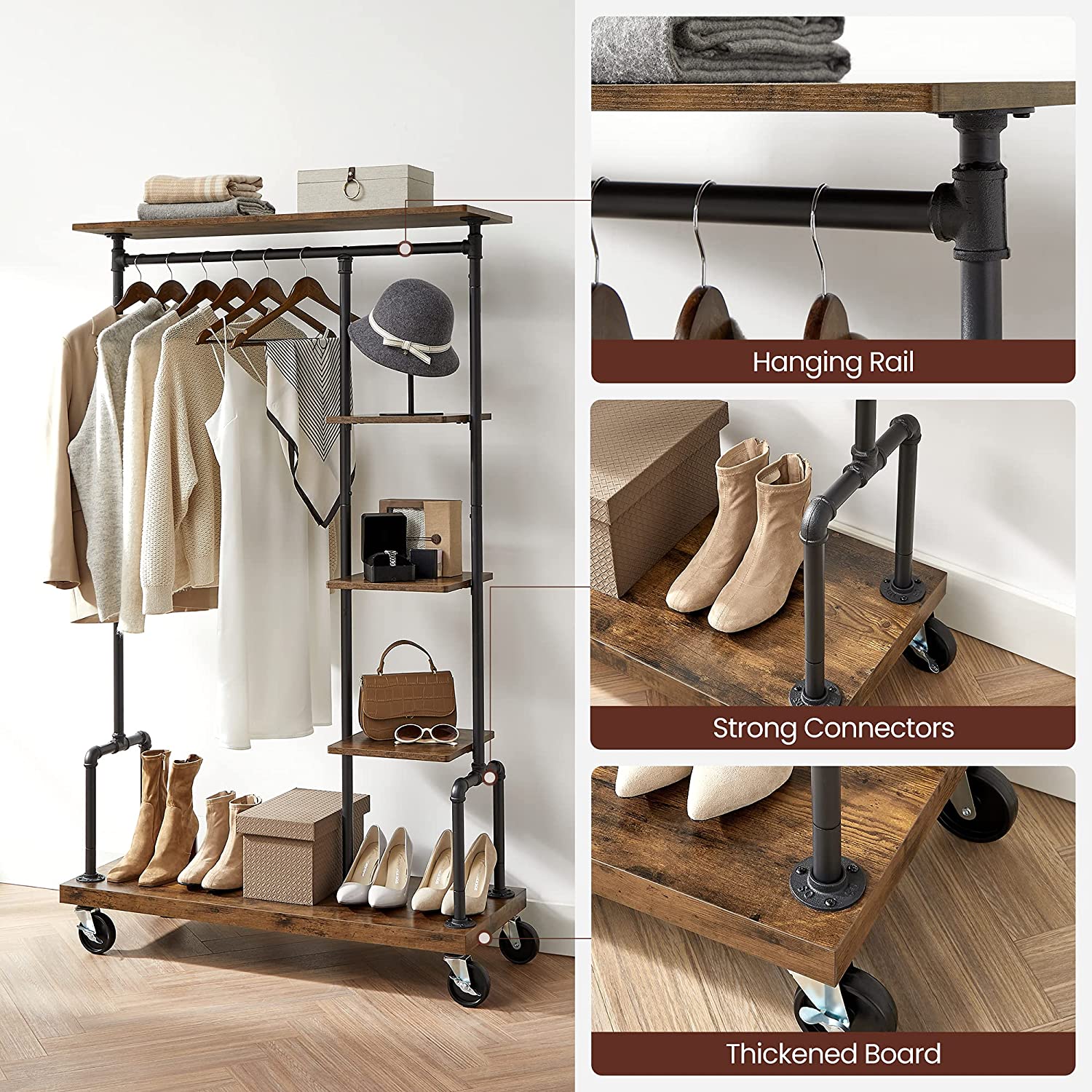 Clothing Garment Rack on Wheels with 5-Tier, Industrial Pipe Style, Rustic Brown 4