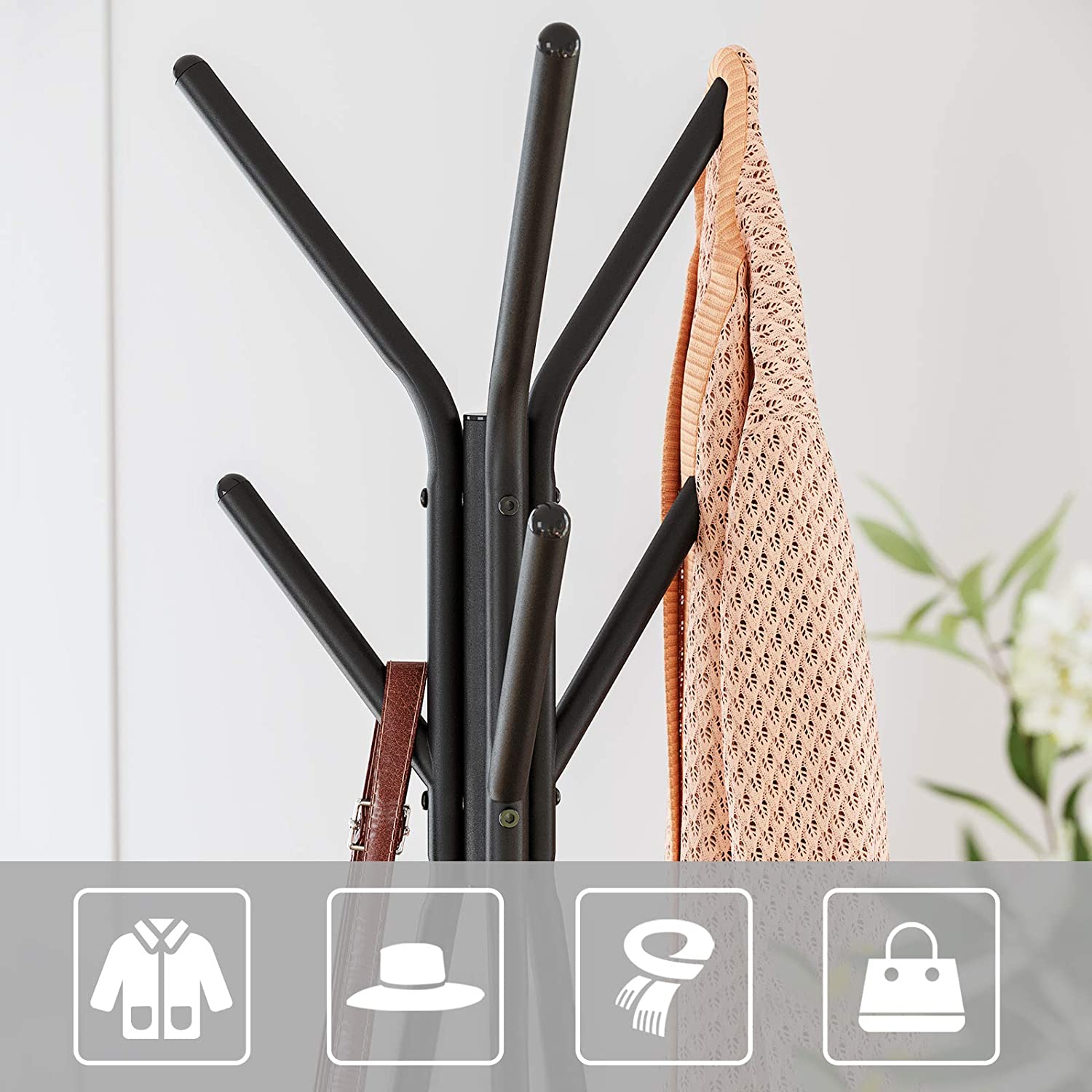 Black Coat Rack Stand Industrial Style 2 Shelves Clothes 6