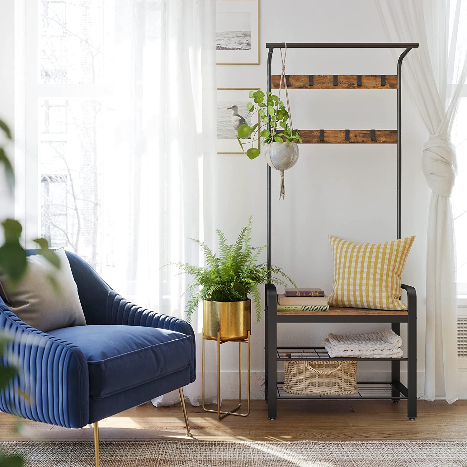 Vintage Coat Rack Shoe Bench, Wood Look Accent Furniture and Metal Frame 3