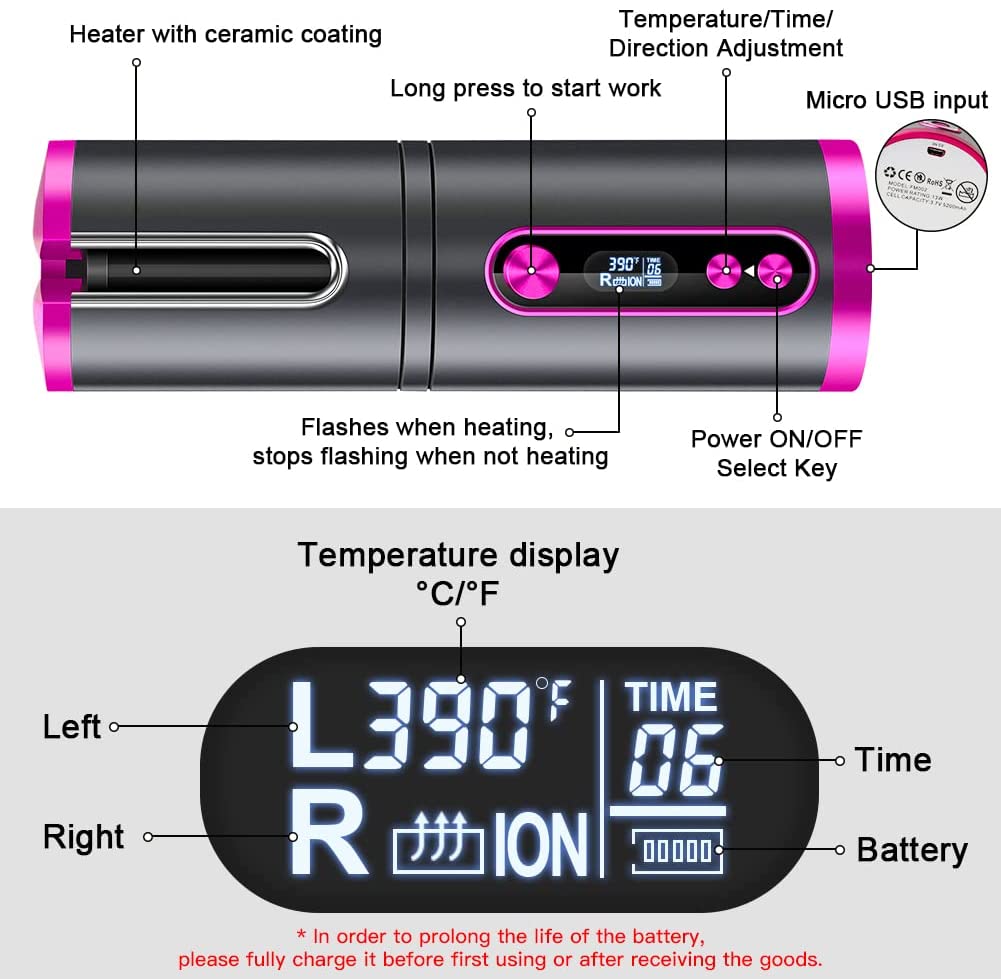 Portable Wireless Automatic Hair Curler for Travel with LED Temperature Display, Timer and USB Rechargeable (Pink) 3