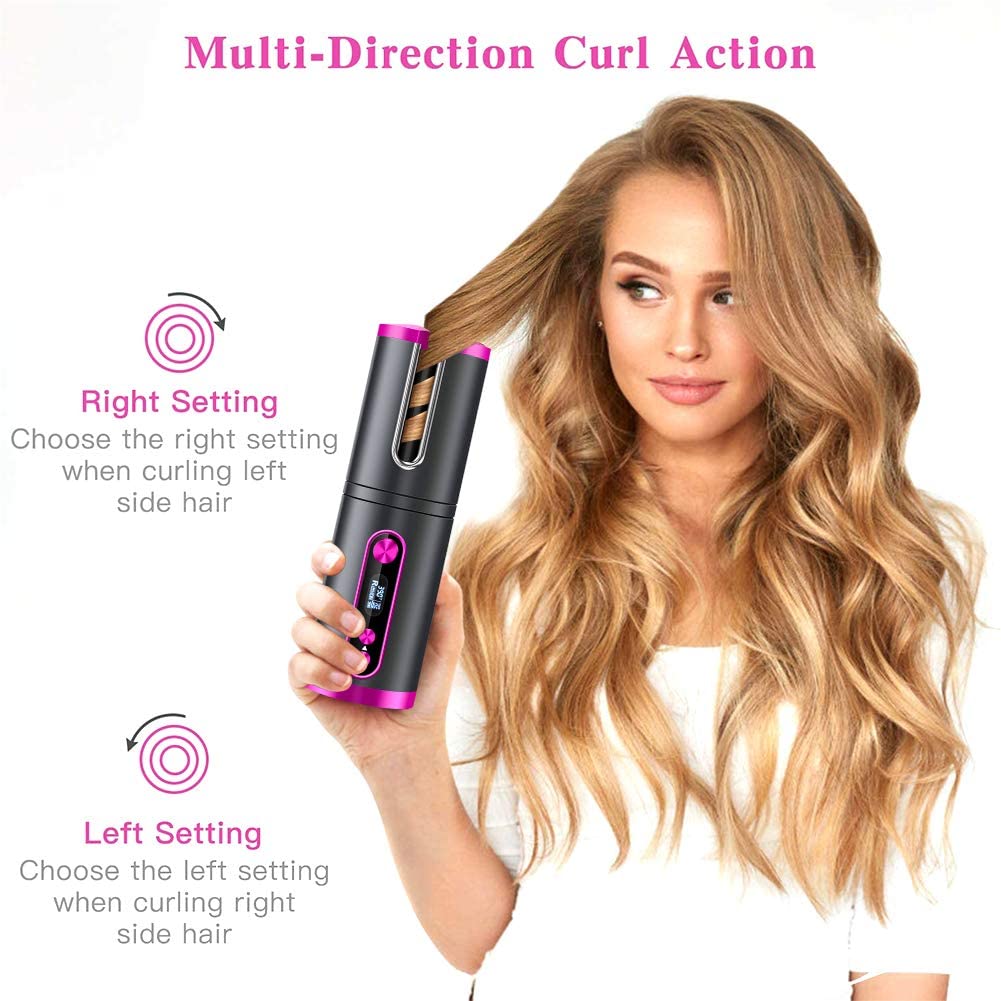 Portable Wireless Automatic Hair Curler for Travel with LED Temperature Display, Timer and USB Rechargeable (Pink) 4