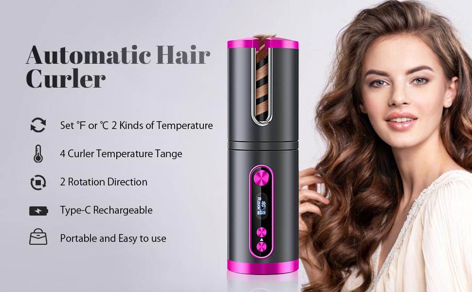 Portable Wireless Automatic Hair Curler for Travel with LED Temperature Display, Timer and USB Rechargeable (Pink) 7